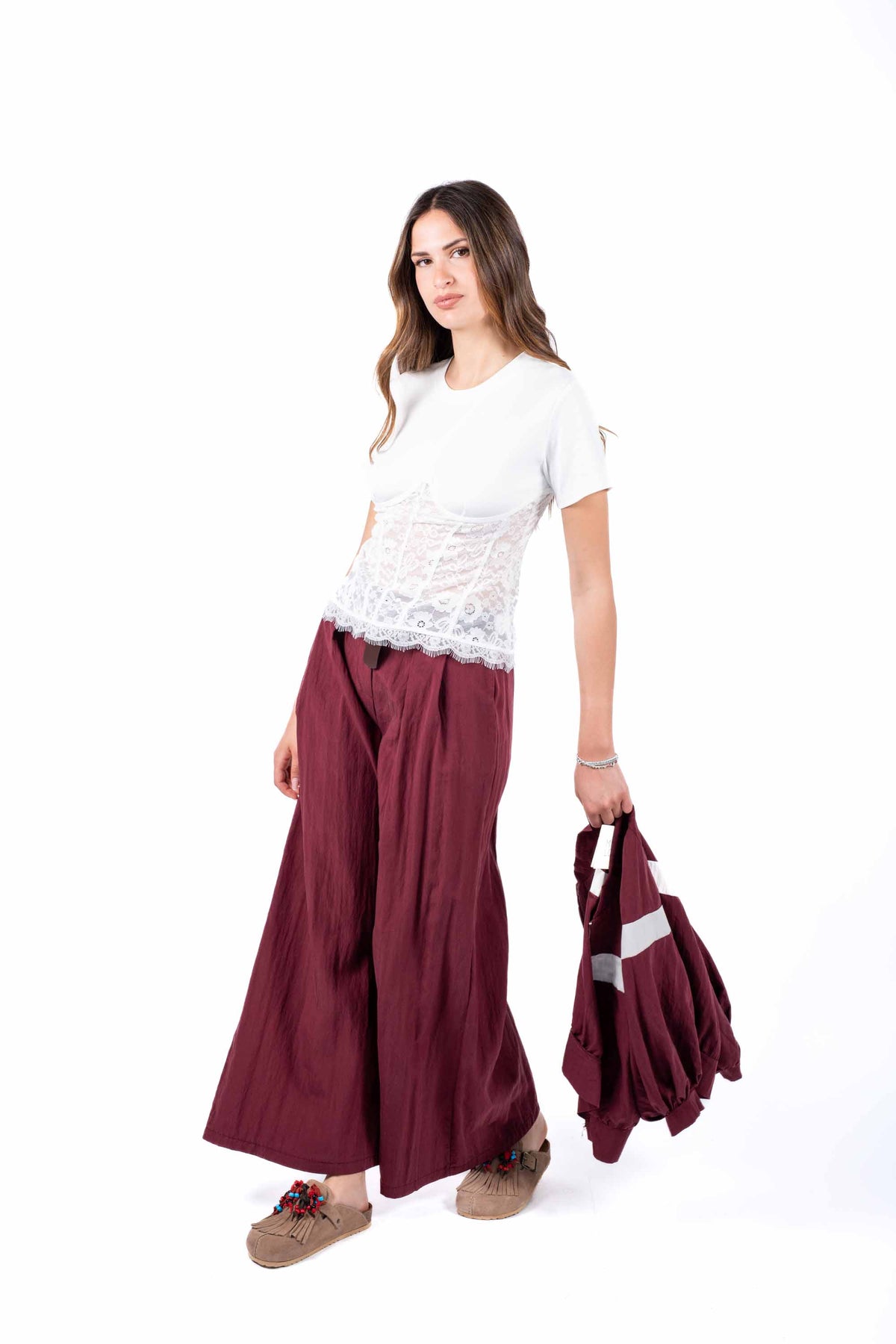 Pantaloni Wide Leg a Vita Alta Bordeaux donna Miss love - 3
