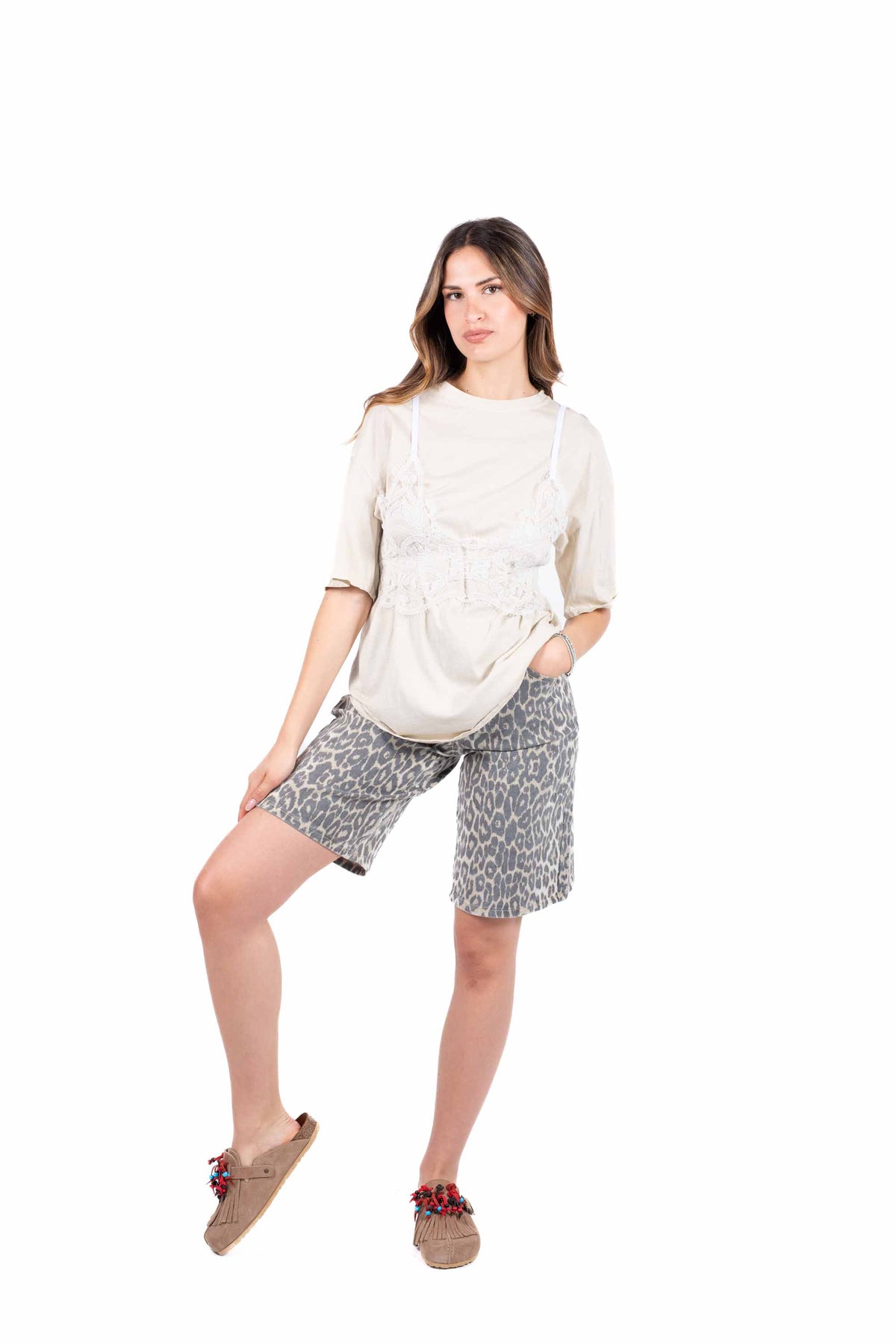 T-Shirt Combinata con Top in Pizzo Beige donna Miss love - 2