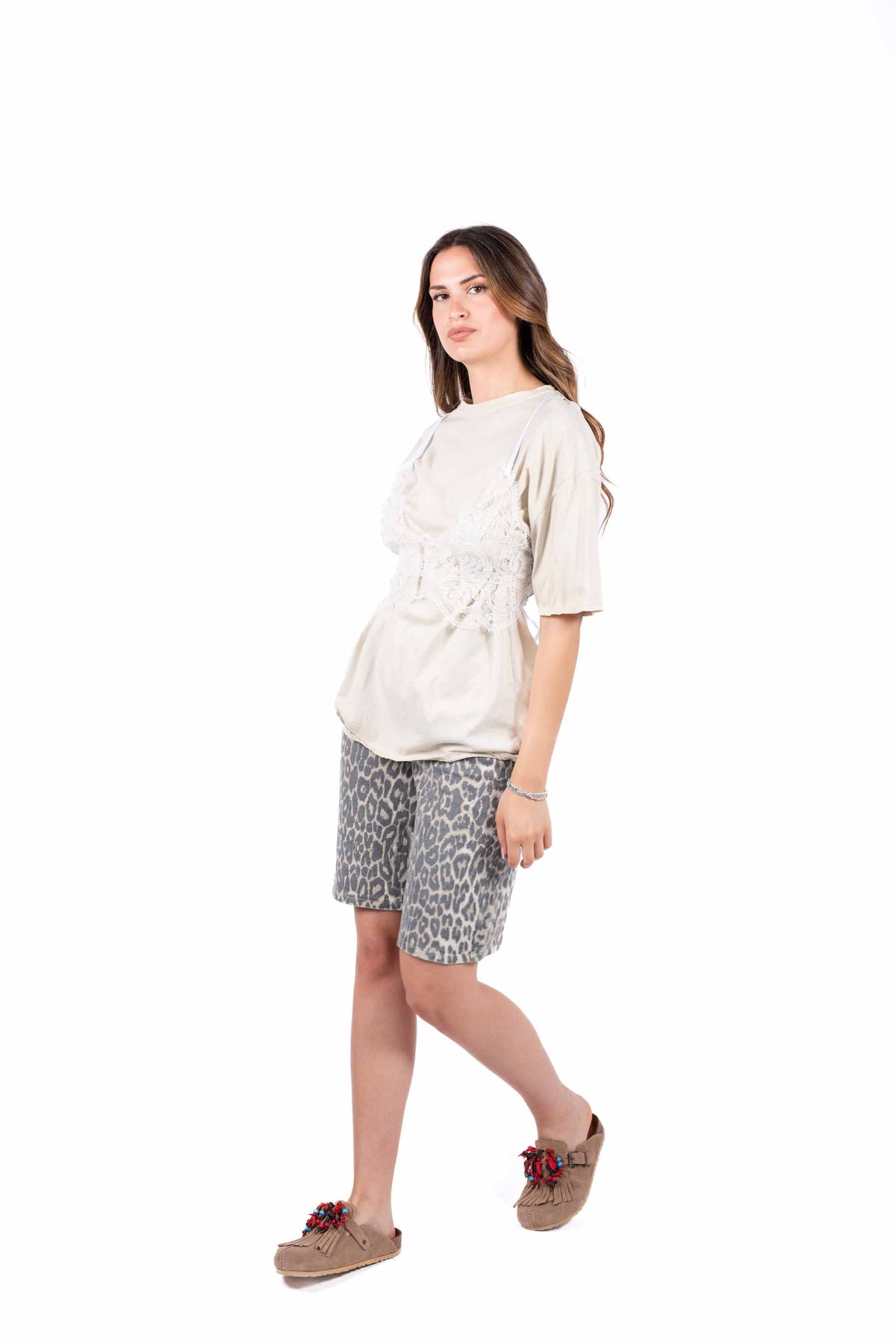 T-Shirt Combinata con Top in Pizzo Beige donna Miss love - 7