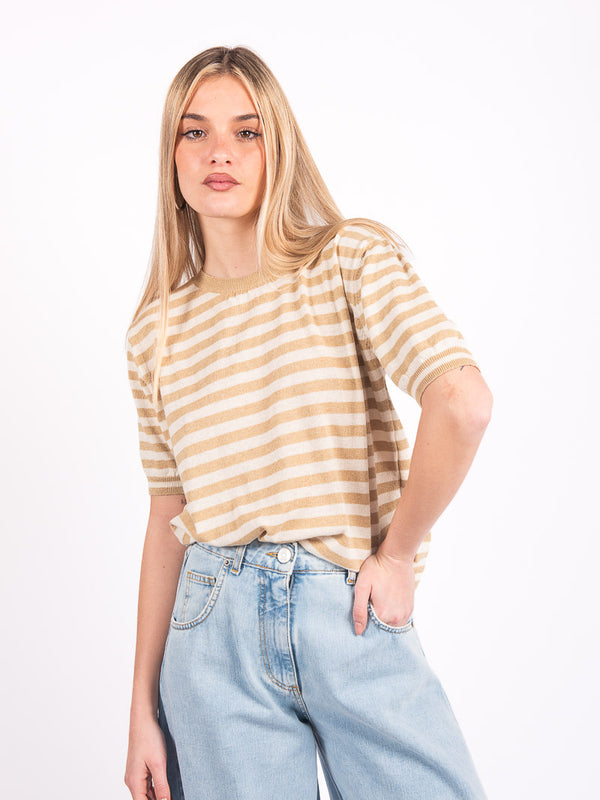T-Shirt in Maglia a Righe Beige/Panna da donna Tensione in