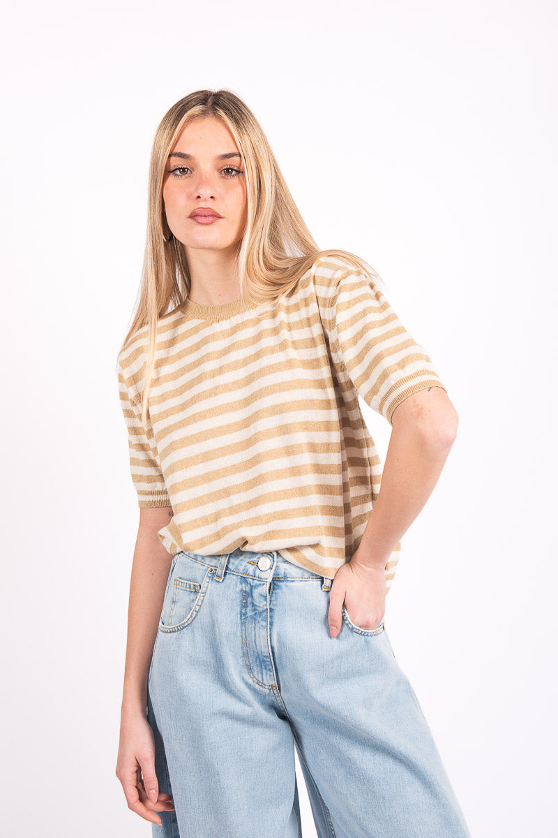 T-Shirt in Maglia a Righe Beige/Panna donna Tensione in - 1