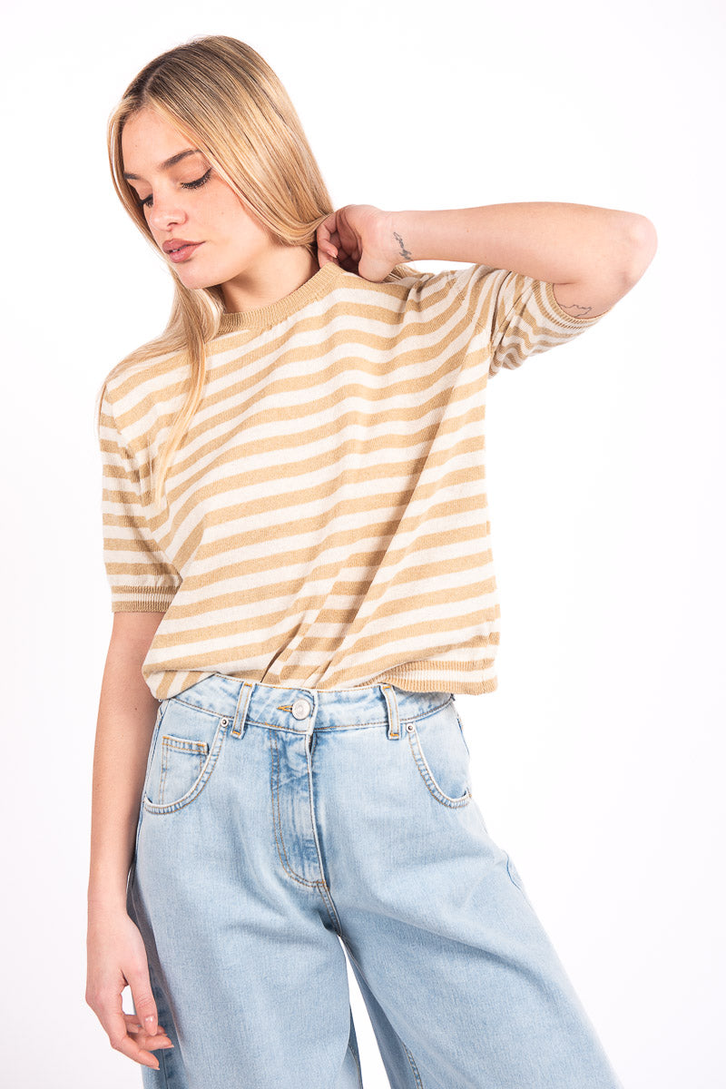 T-Shirt in Maglia a Righe Beige/Panna donna Tensione in - 2