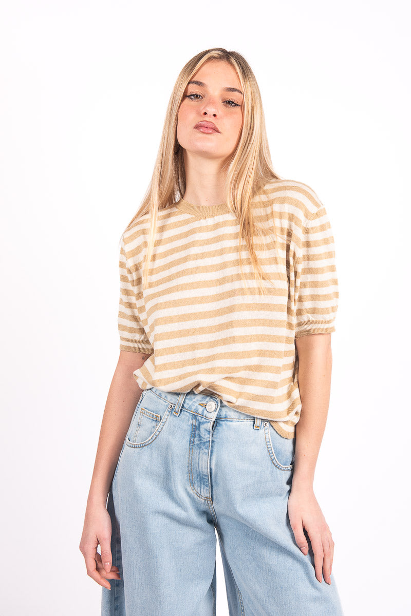 T-Shirt in Maglia a Righe Beige/Panna donna Tensione in - 3