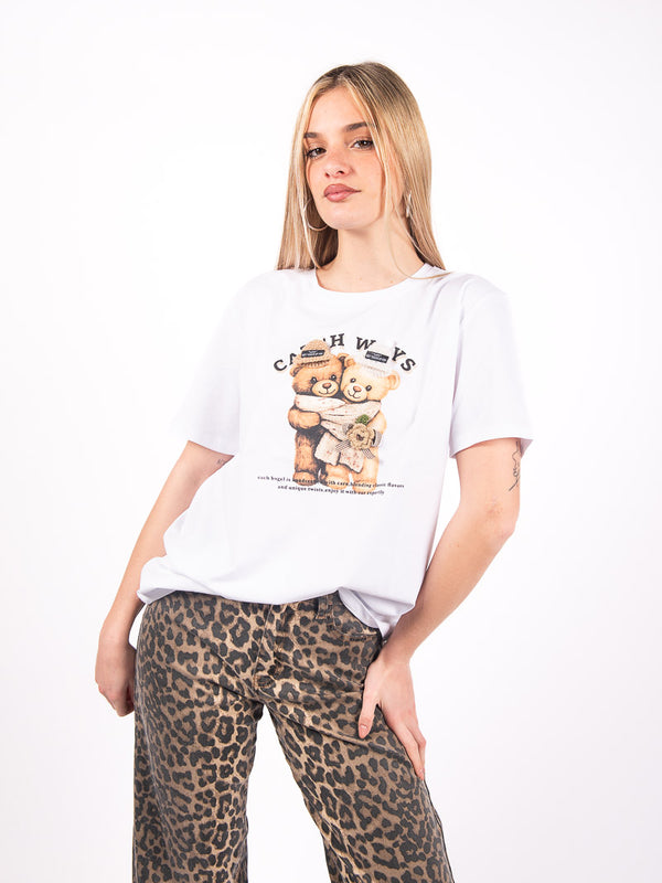T-shirt Bianca con Stampa e Applicazioni da donna Miss love
