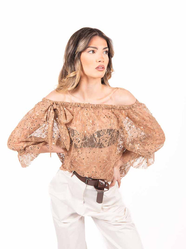 Blusa in Rete Ricamata Fango da donna Maryley