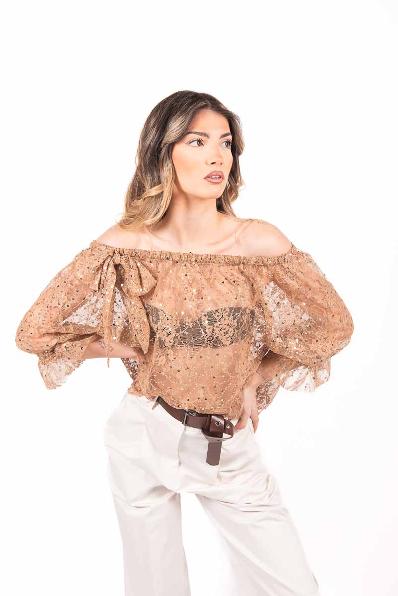 Blusa in Rete Ricamata Fango donna Maryley - 1
