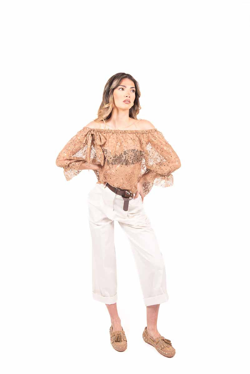 Blusa in Rete Ricamata Fango donna Maryley - 4