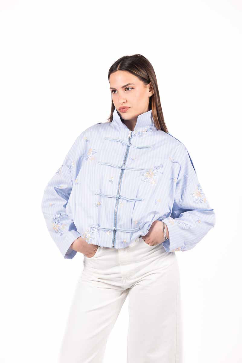 Bomber Ricamato stile Orientale Celeste donna Tensione in - 3