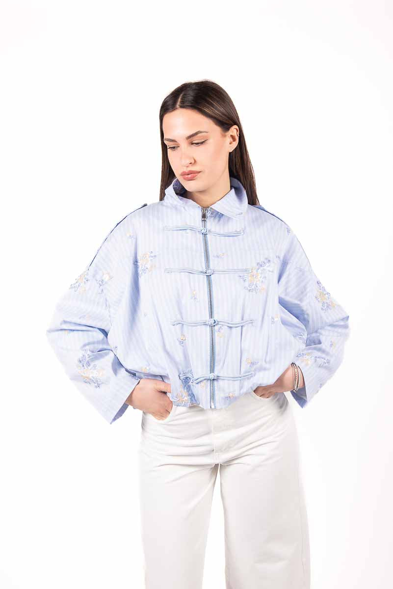 Bomber Ricamato stile Orientale Celeste donna Tensione in - 5