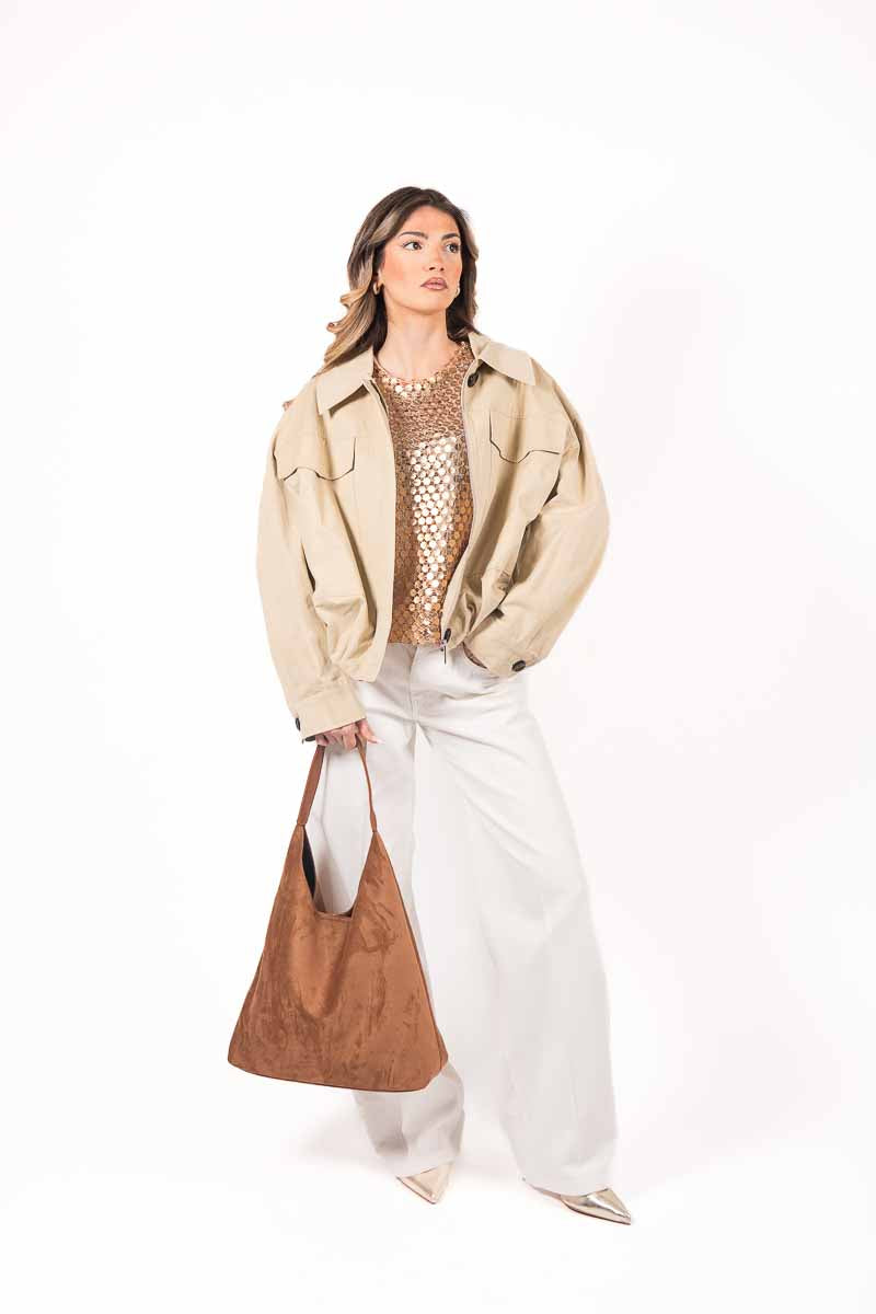 Giacca Corta con Maxi tasche Beige donna Tensione in - 2