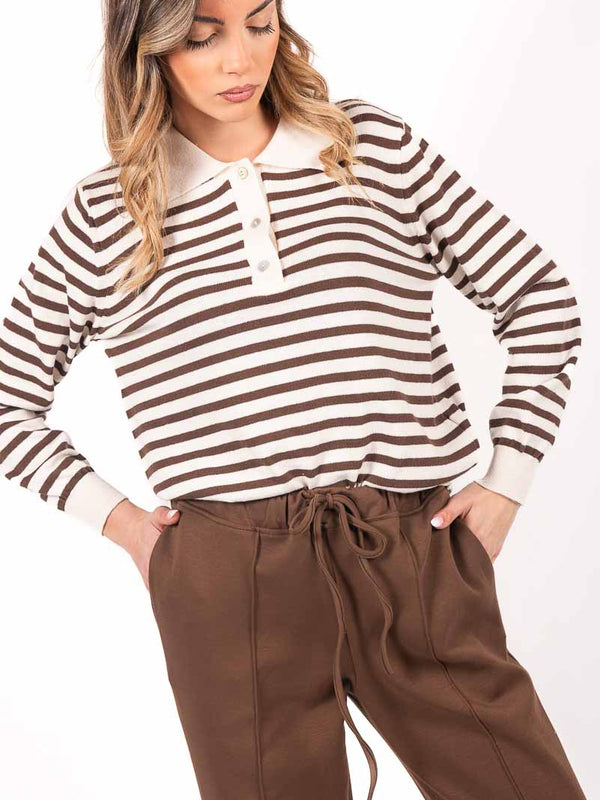 Polo a Righe in Maglia Panna/Cioccolato da donna Miss love