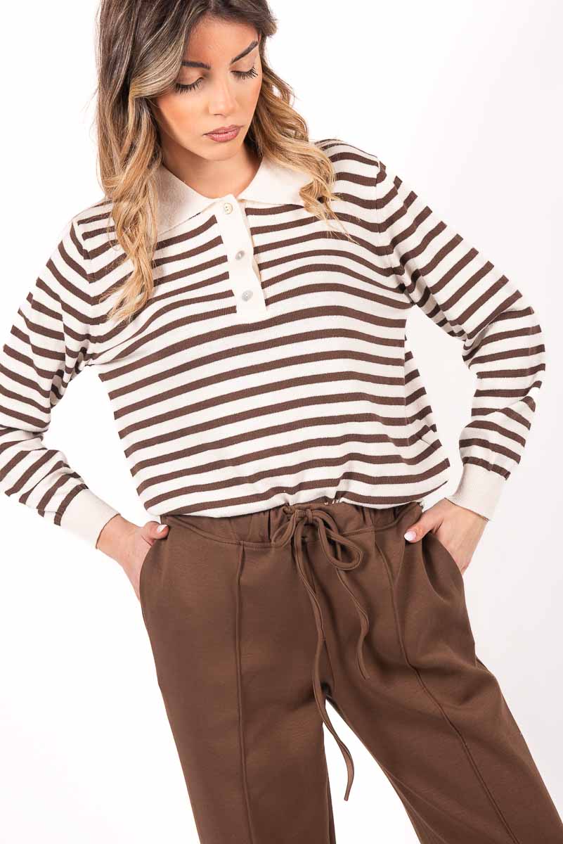 Polo a Righe in Maglia Panna/Cioccolato donna Miss love - 1