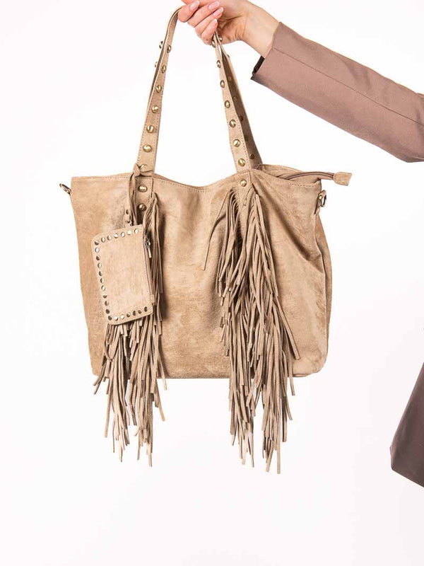 Borsa Shopper Effetto Suede con Borchie Beige da donna Miss love