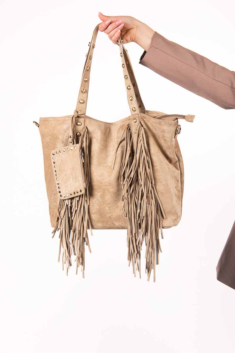 Borsa Shopper Effetto Suede con Borchie Beige donna Miss love - 1