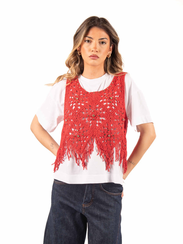 Canotta Crochet con Applicazioni Rossa da donna Tensione in