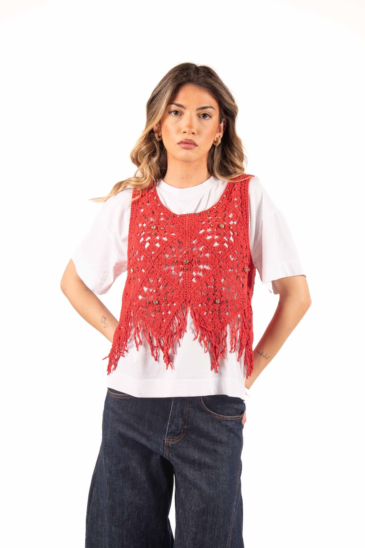 Canotta Crochet con Applicazioni Rossa donna Tensione in - 1