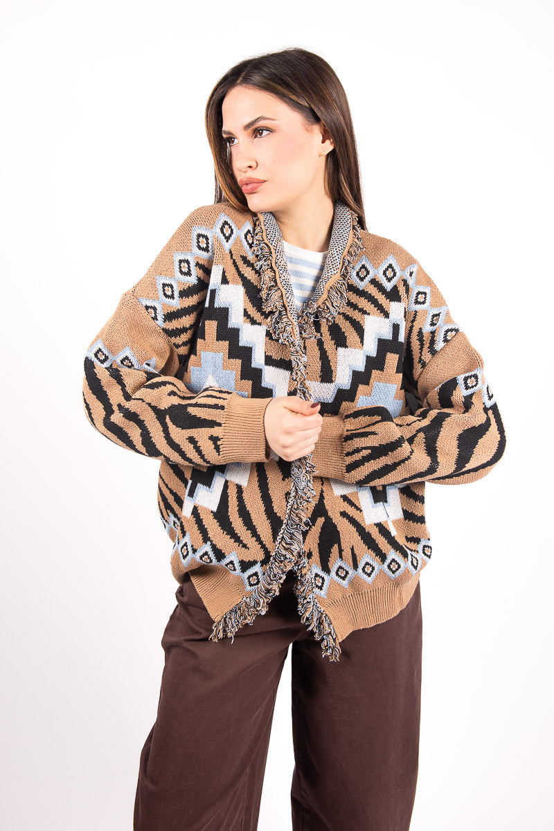 Cardigan Jacquard Con Frange donna Tensione in - 6