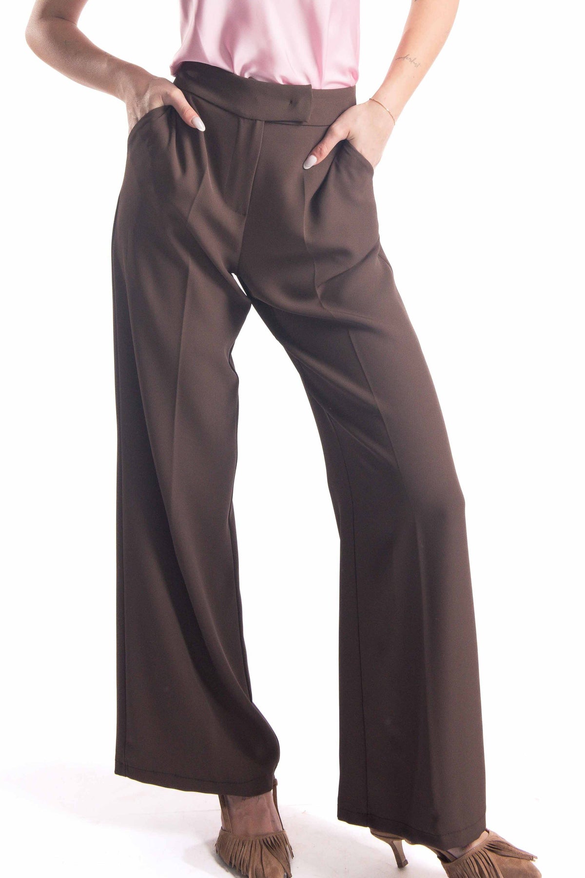 Pantaloni Vita Alta Marrone donna Miss love - 1