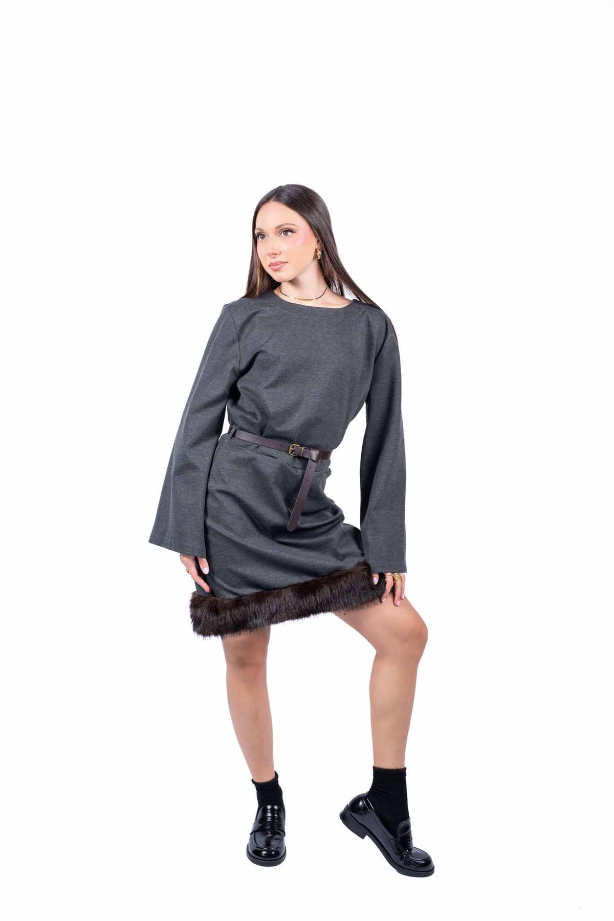 Abito Grigio con Bordo in Ecopelliccia e Cintura donna Tensione in - 1