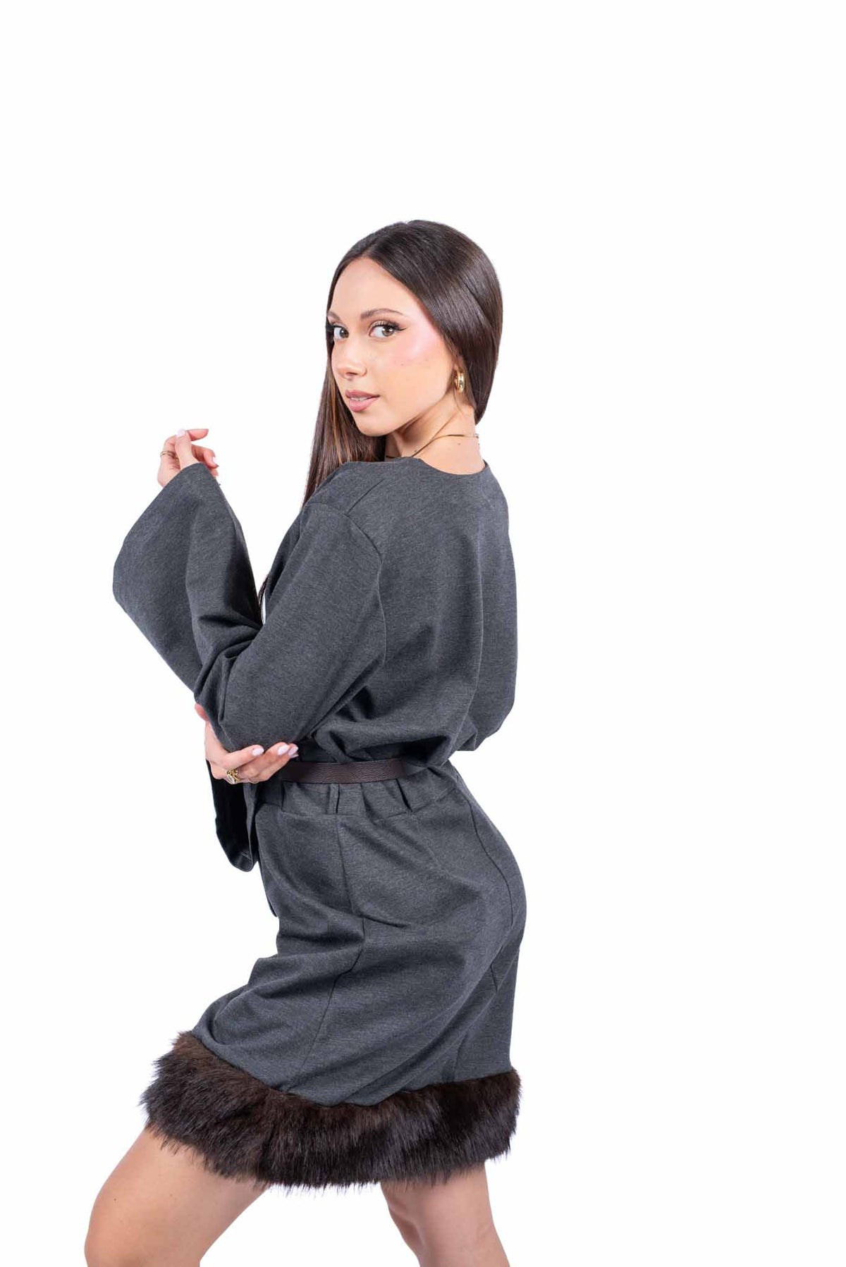 Abito Grigio con Bordo in Ecopelliccia e Cintura donna Tensione in - 3