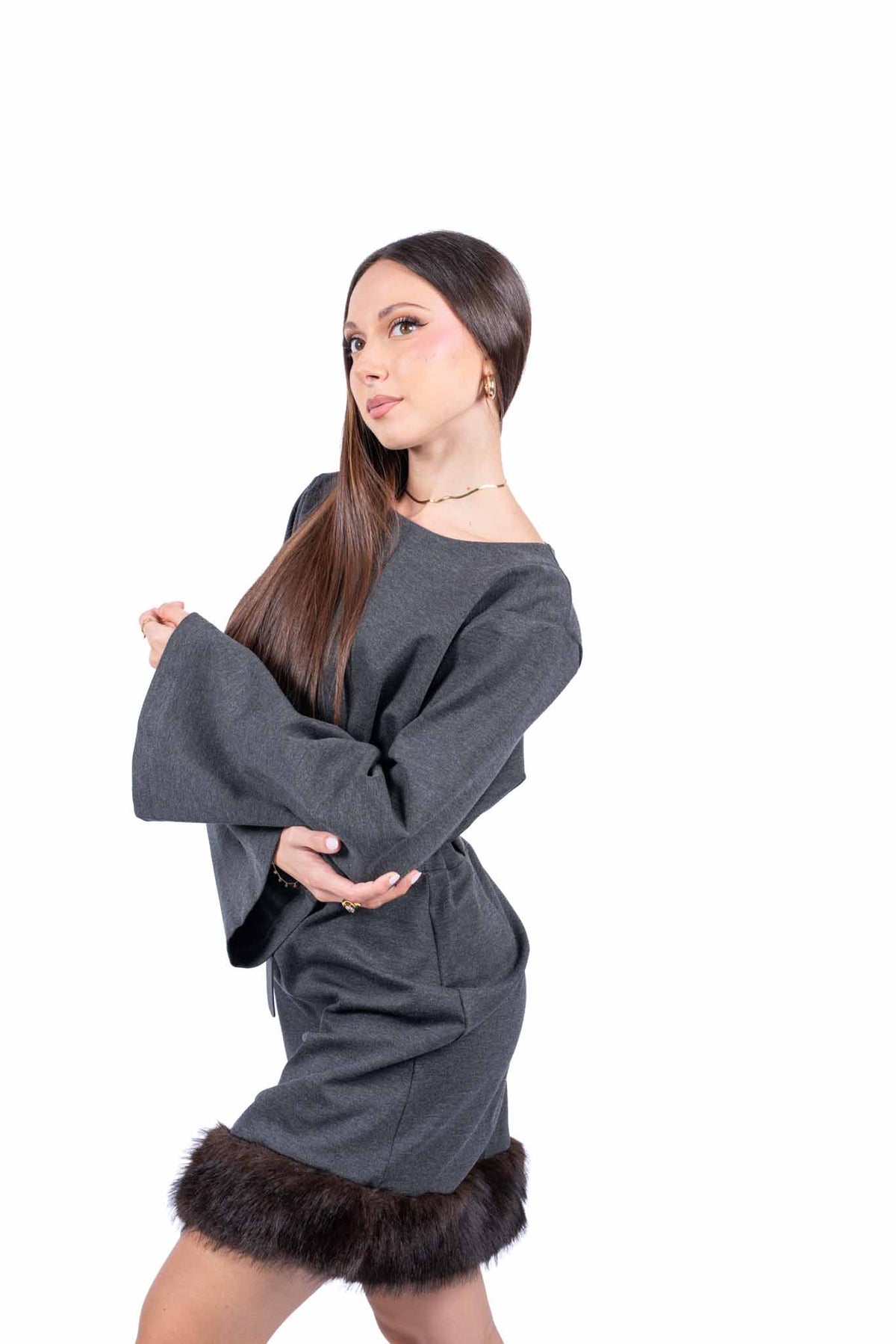 Abito Grigio con Bordo in Ecopelliccia e Cintura donna Tensione in - 4