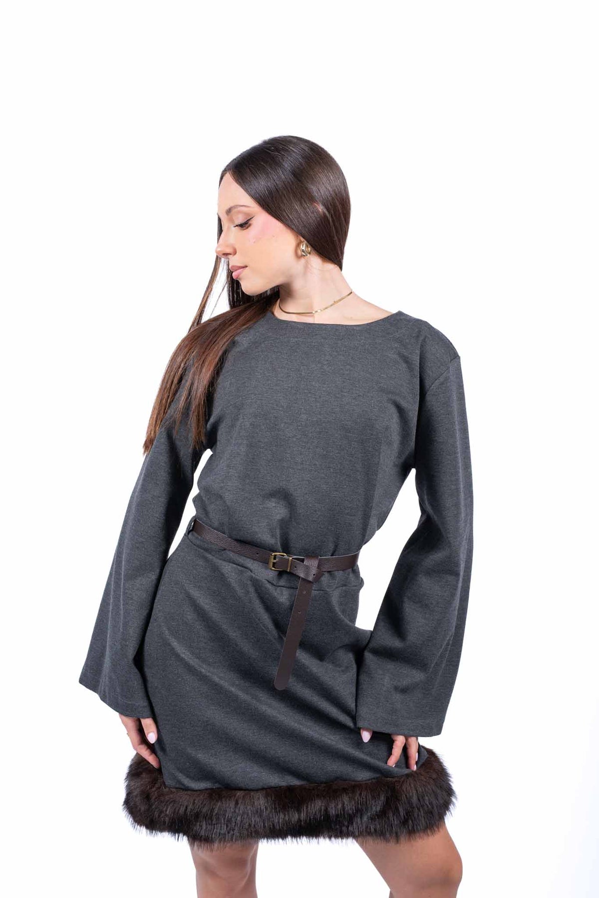 Abito Grigio con Bordo in Ecopelliccia e Cintura donna Tensione in - 5