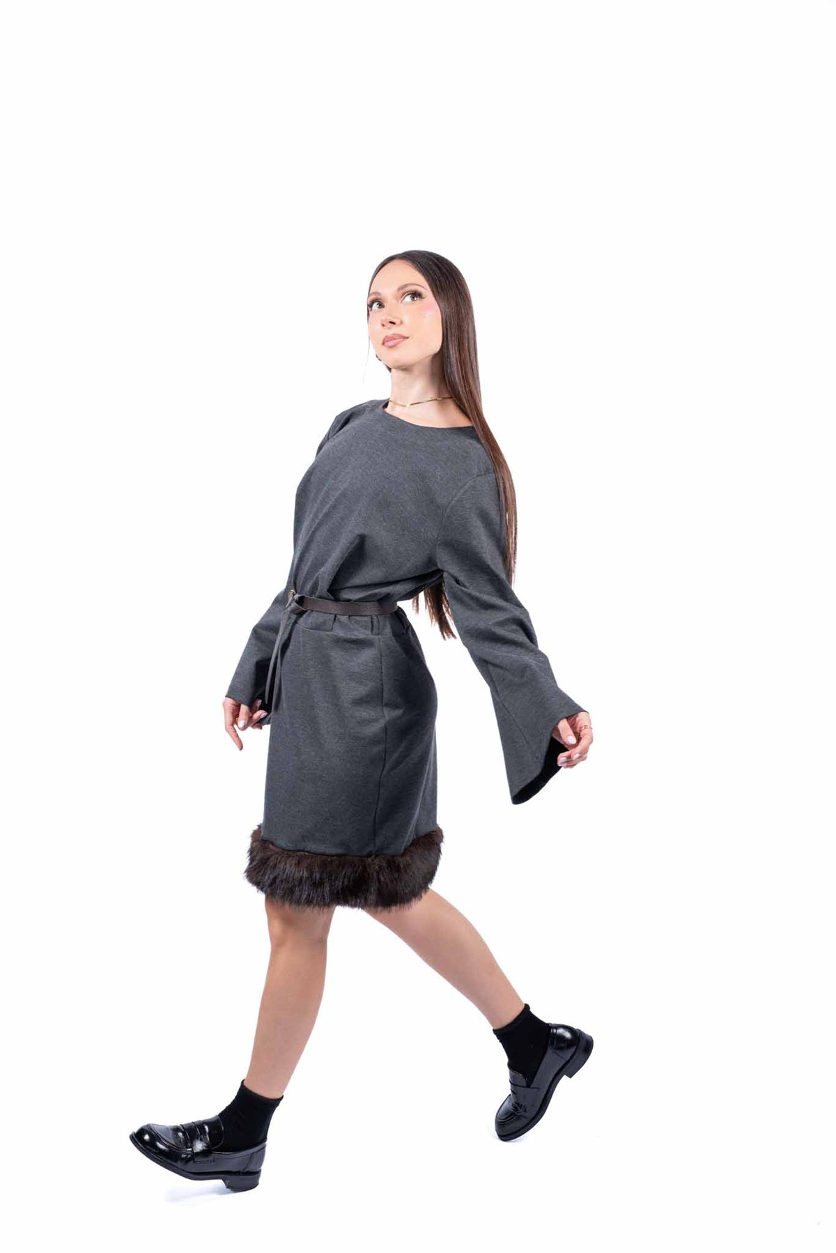 Abito Grigio con Bordo in Ecopelliccia e Cintura donna Tensione in - 6