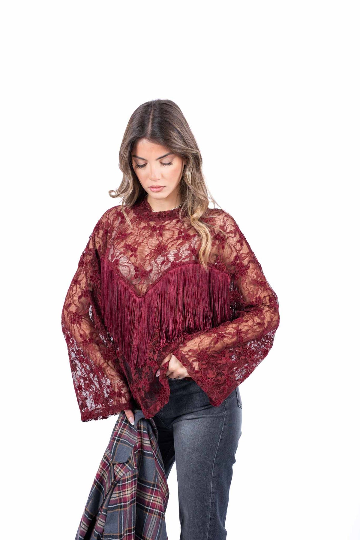 Blusa in Pizzo Trasparente Bordeaux con Frange donna Tensione in - 2