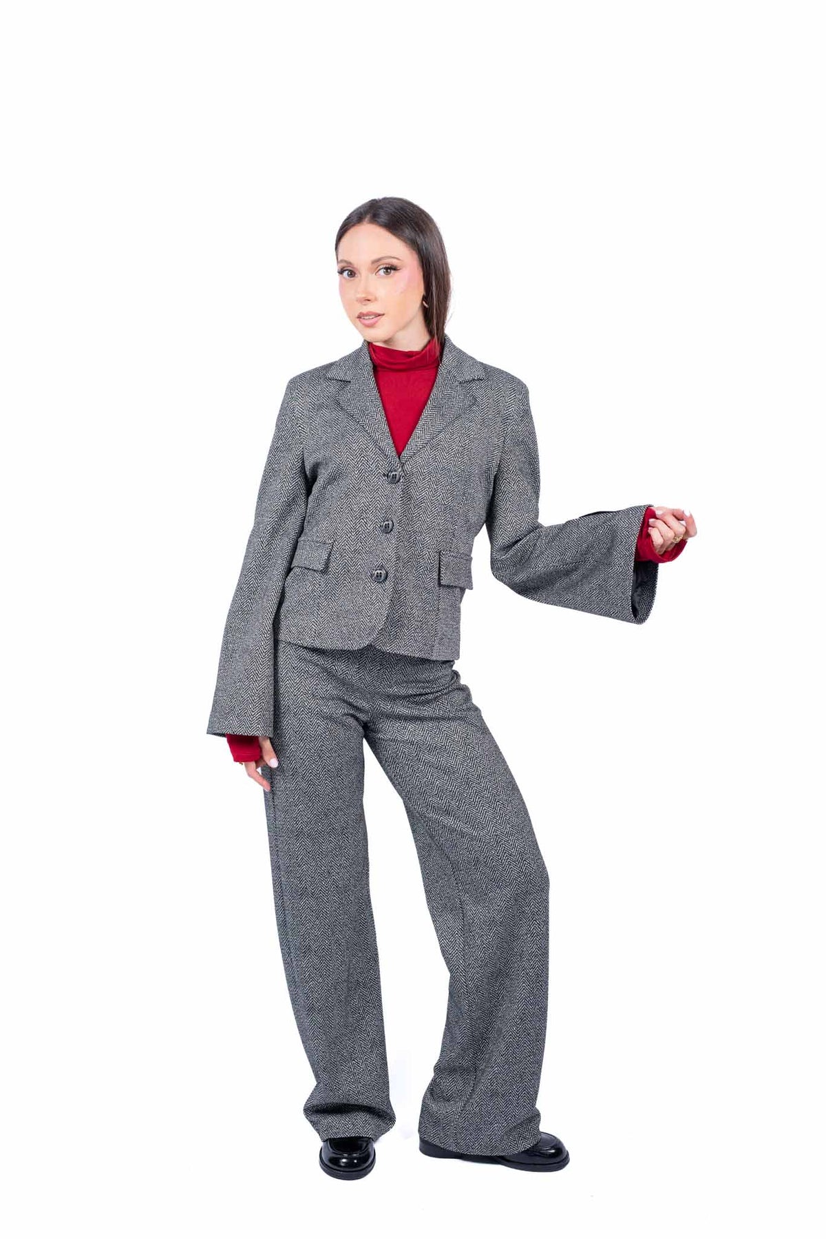 Giacca Strutturata in Tweed Grigio con Maniche a Campana donna Tensione in - 4