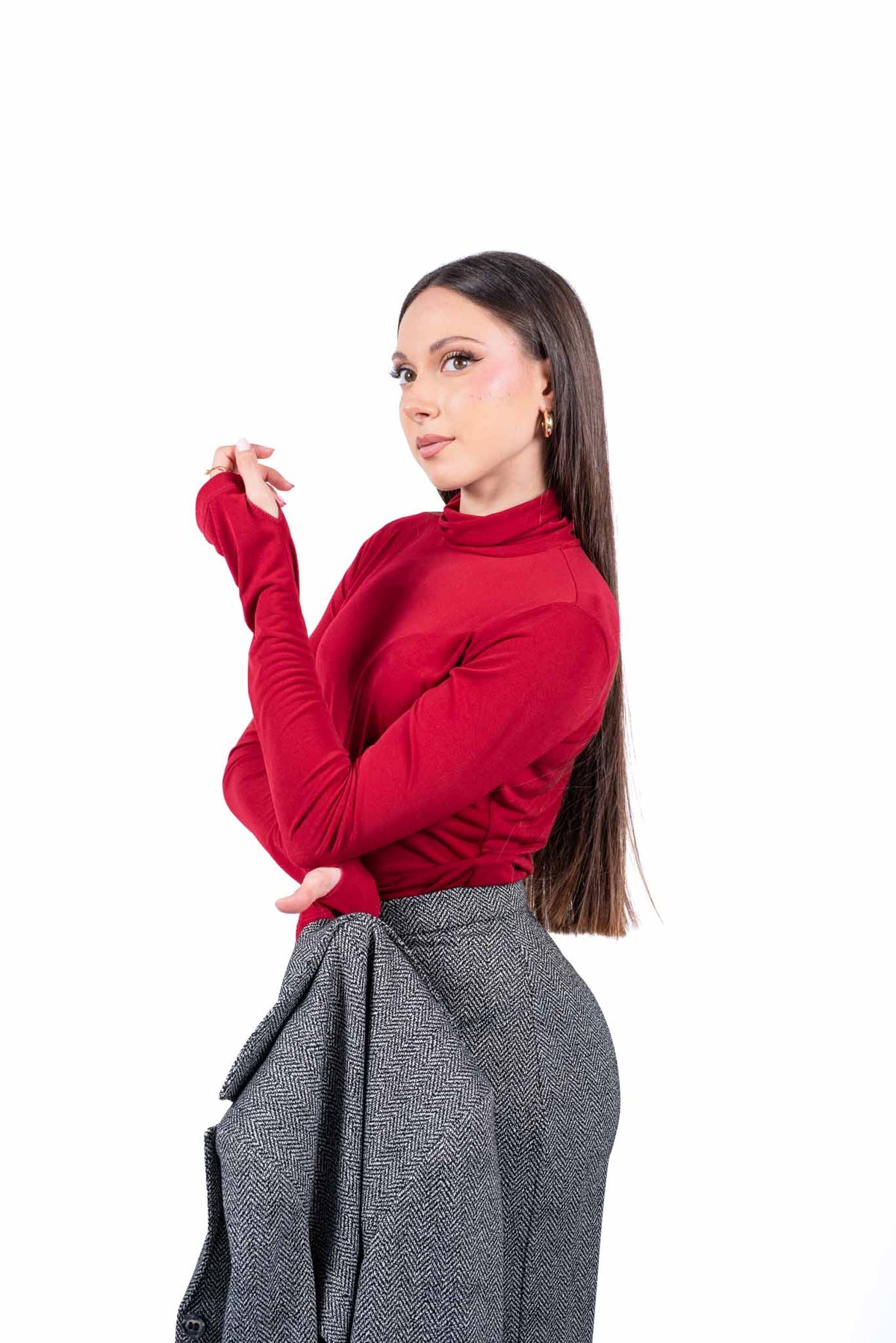 Maglia Maniche Lunghe Bordeaux a Collo Alto donna Tensione in - 2