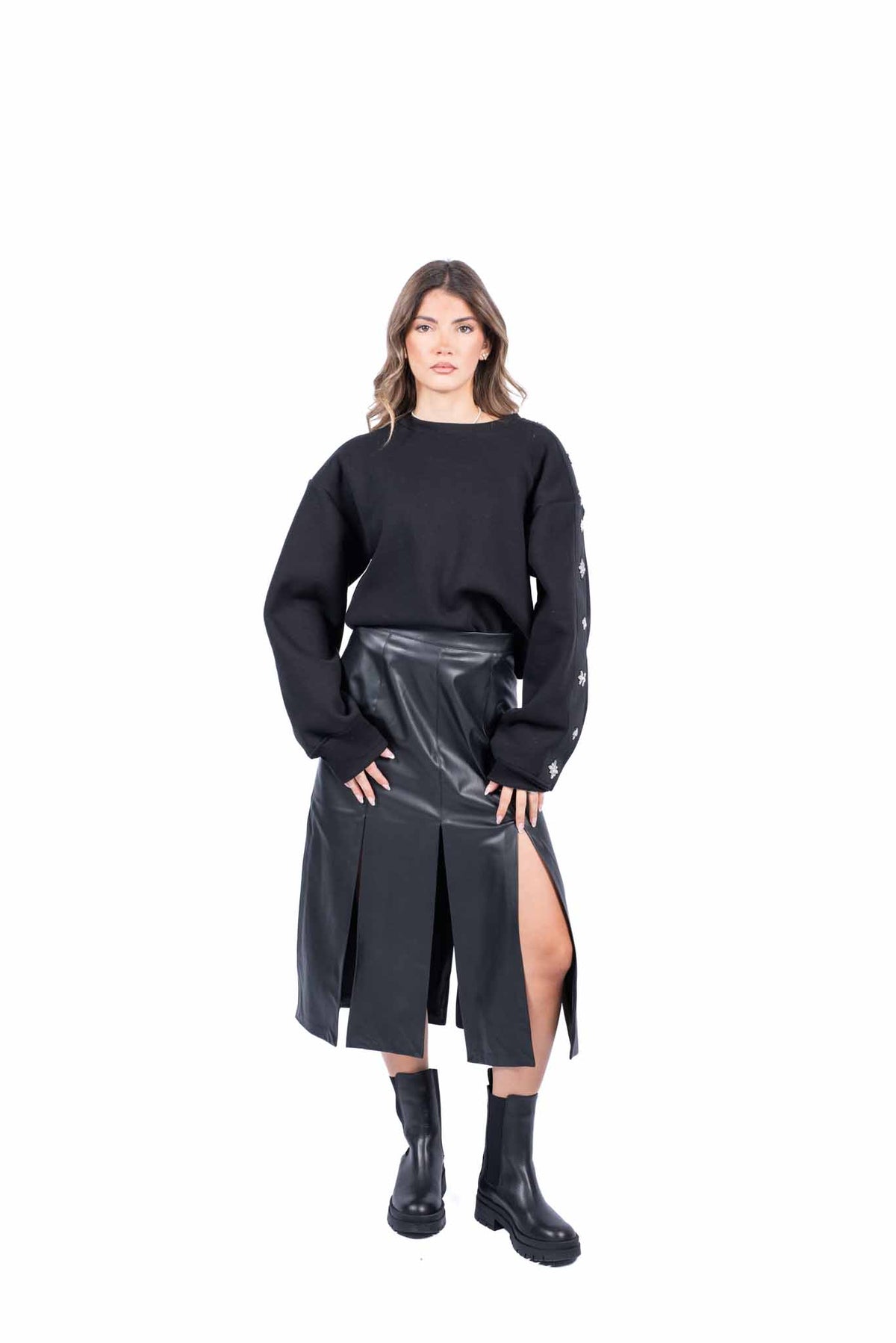 Gonna Midi in Ecopelle Nera con Spacchi Verticali donna Tensione in - 3