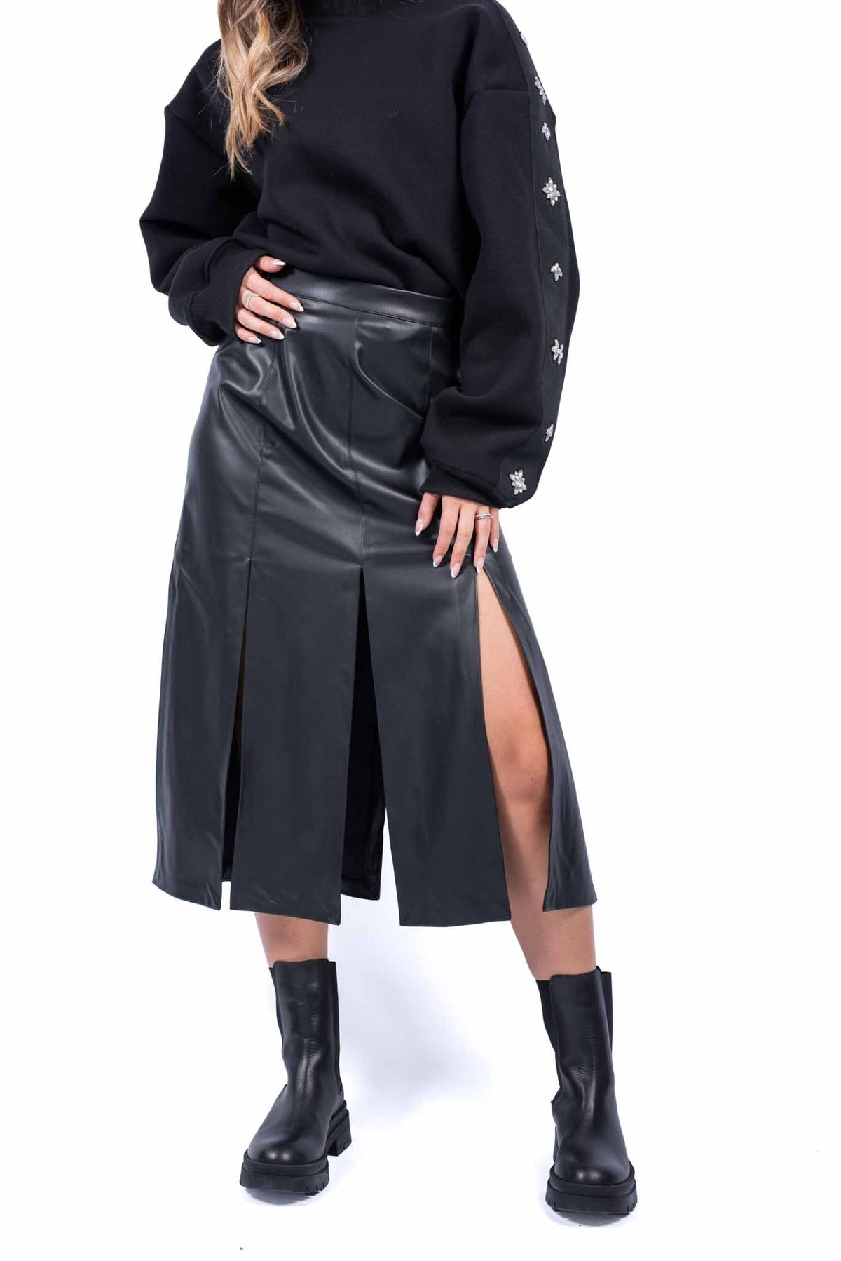 Gonna Midi in Ecopelle Nera con Spacchi Verticali donna Tensione in - 5