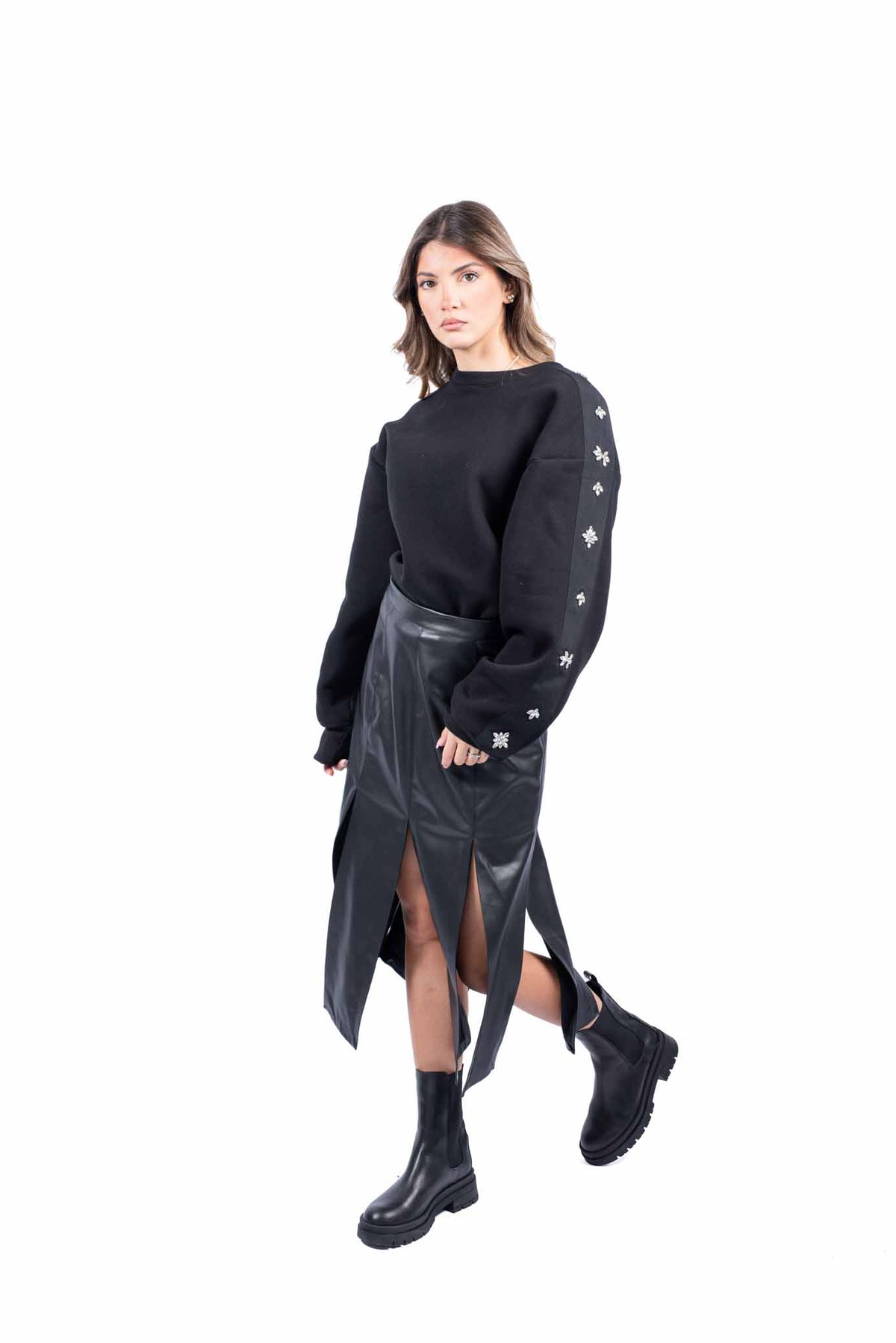 Gonna Midi in Ecopelle Nera con Spacchi Verticali donna Tensione in - 4