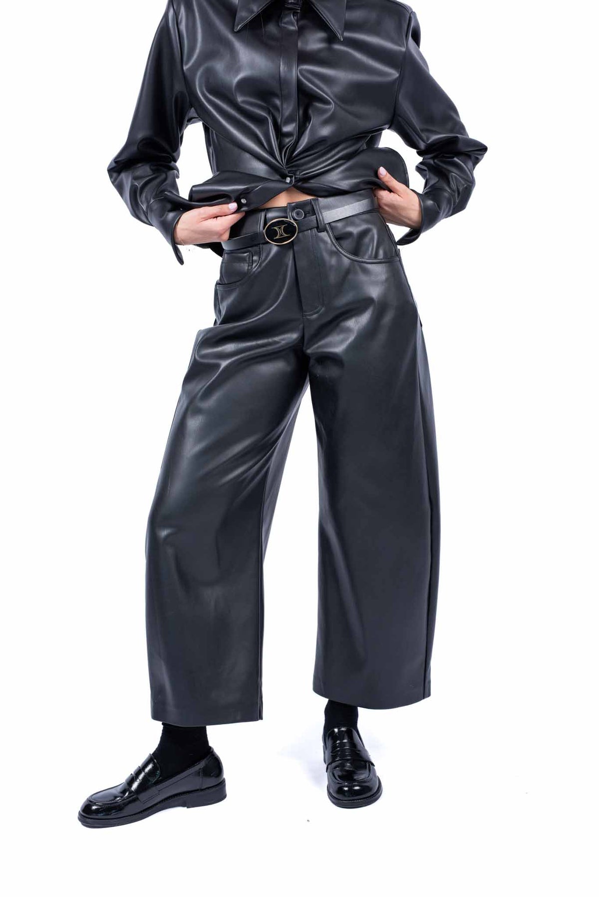 Pantaloni Sartoriali in Ecopelle Nera con Cintura donna Tensione in - 1