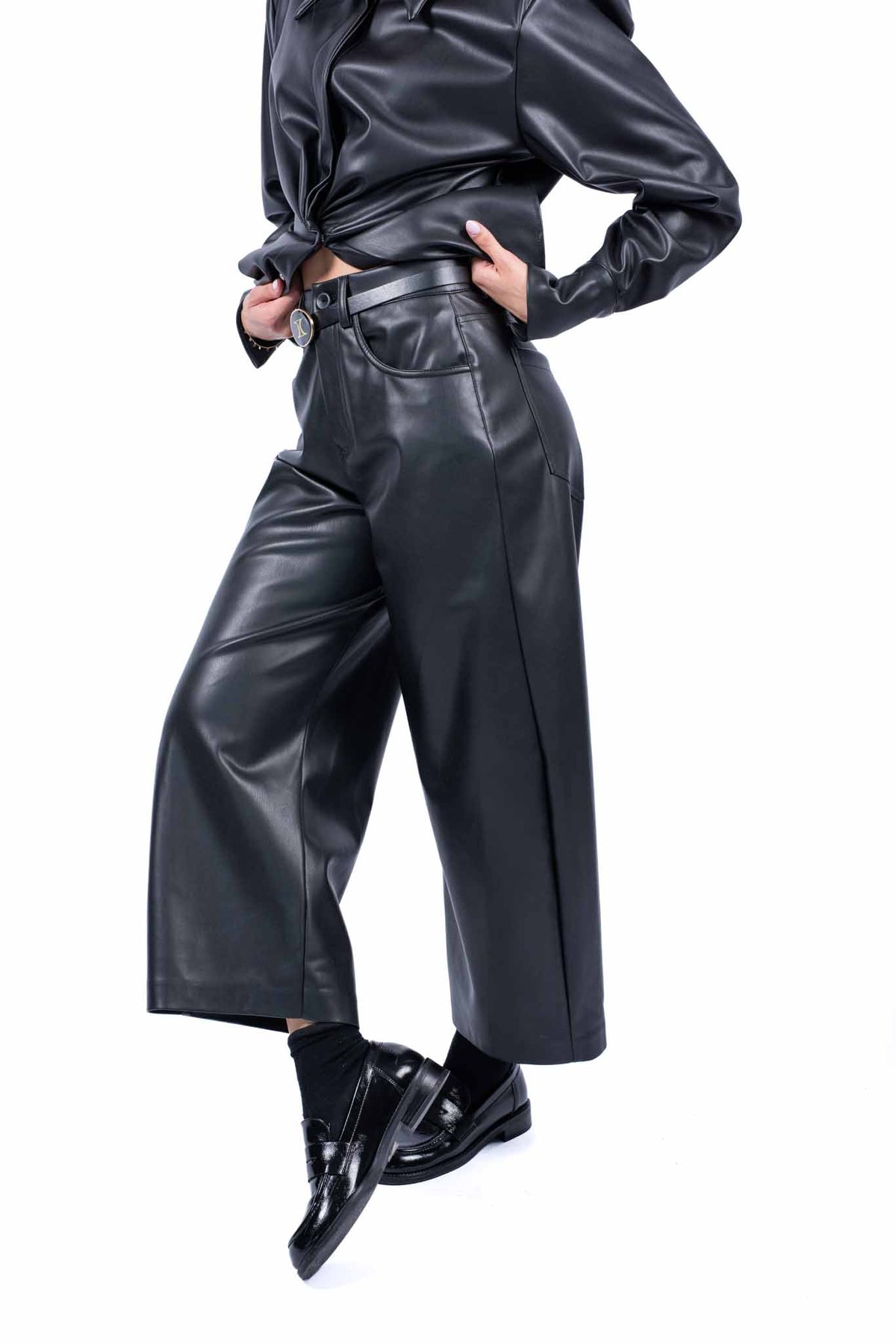 Pantaloni Sartoriali in Ecopelle Nera con Cintura donna Tensione in - 3