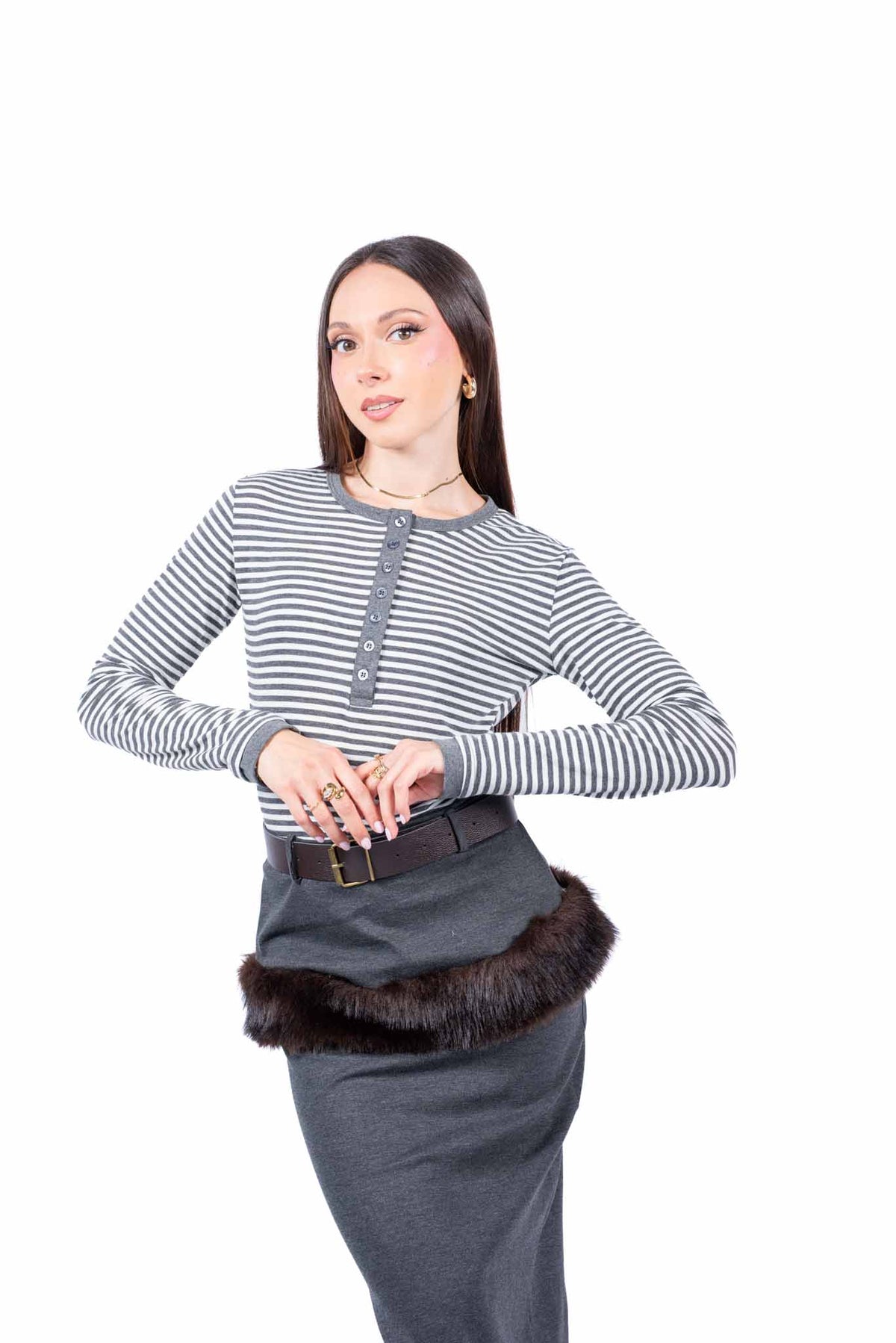 Maglia Henley a Righe Panna/Grigio donna Tensione in - 1