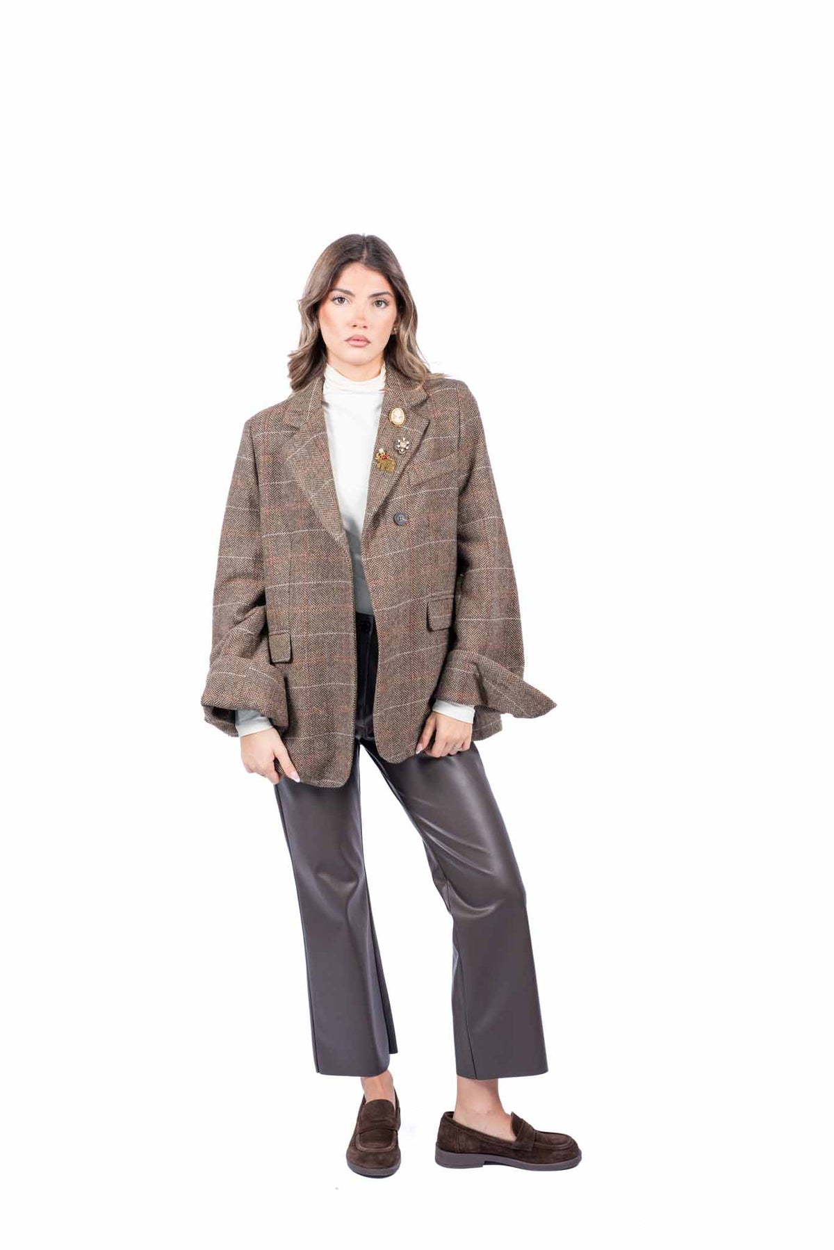 Blazer Oversize in Tweed Check Marrone con Applicazioni Jewel donna Tensione in - 6