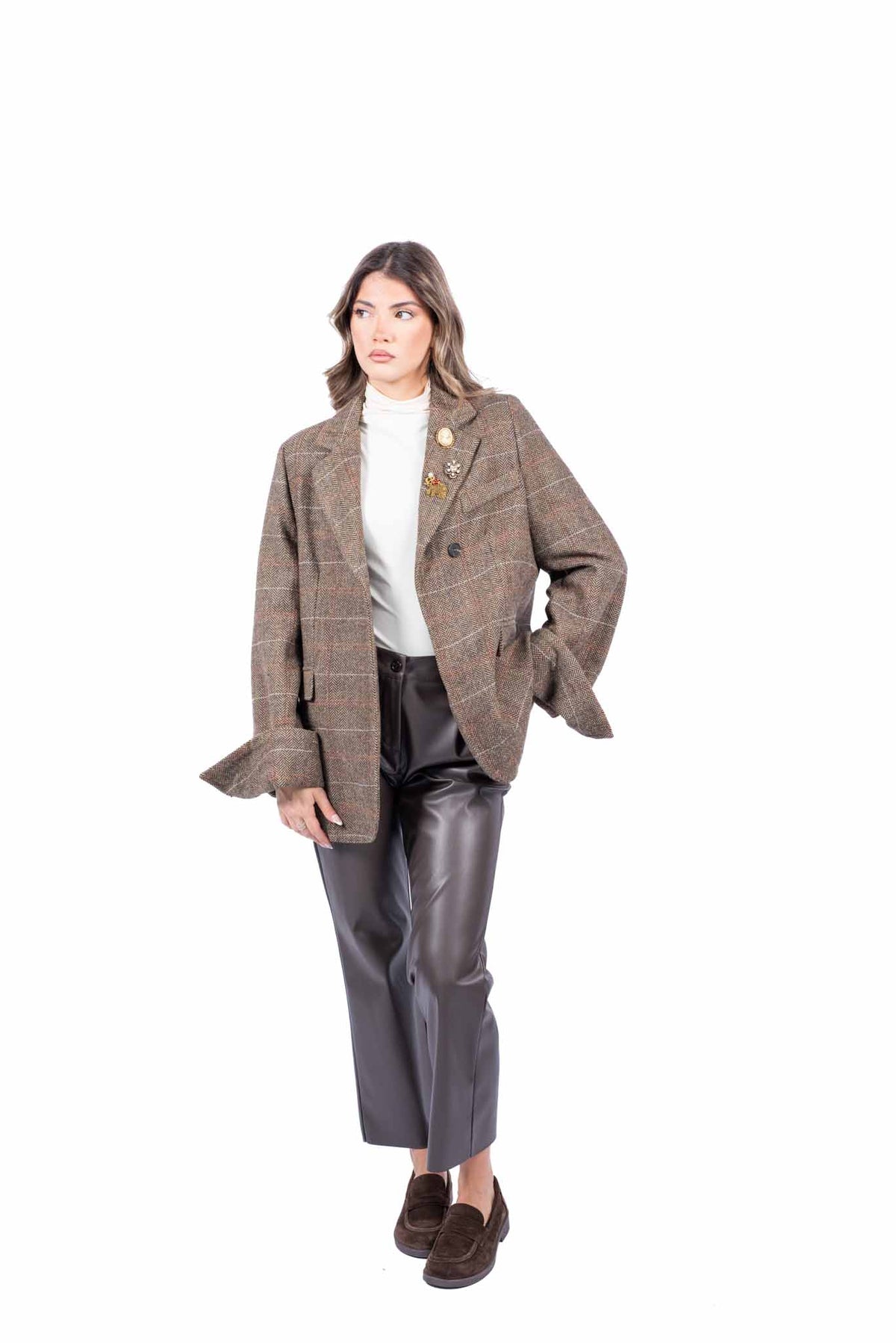 Blazer Oversize in Tweed Check Marrone con Applicazioni Jewel donna Tensione in - 2