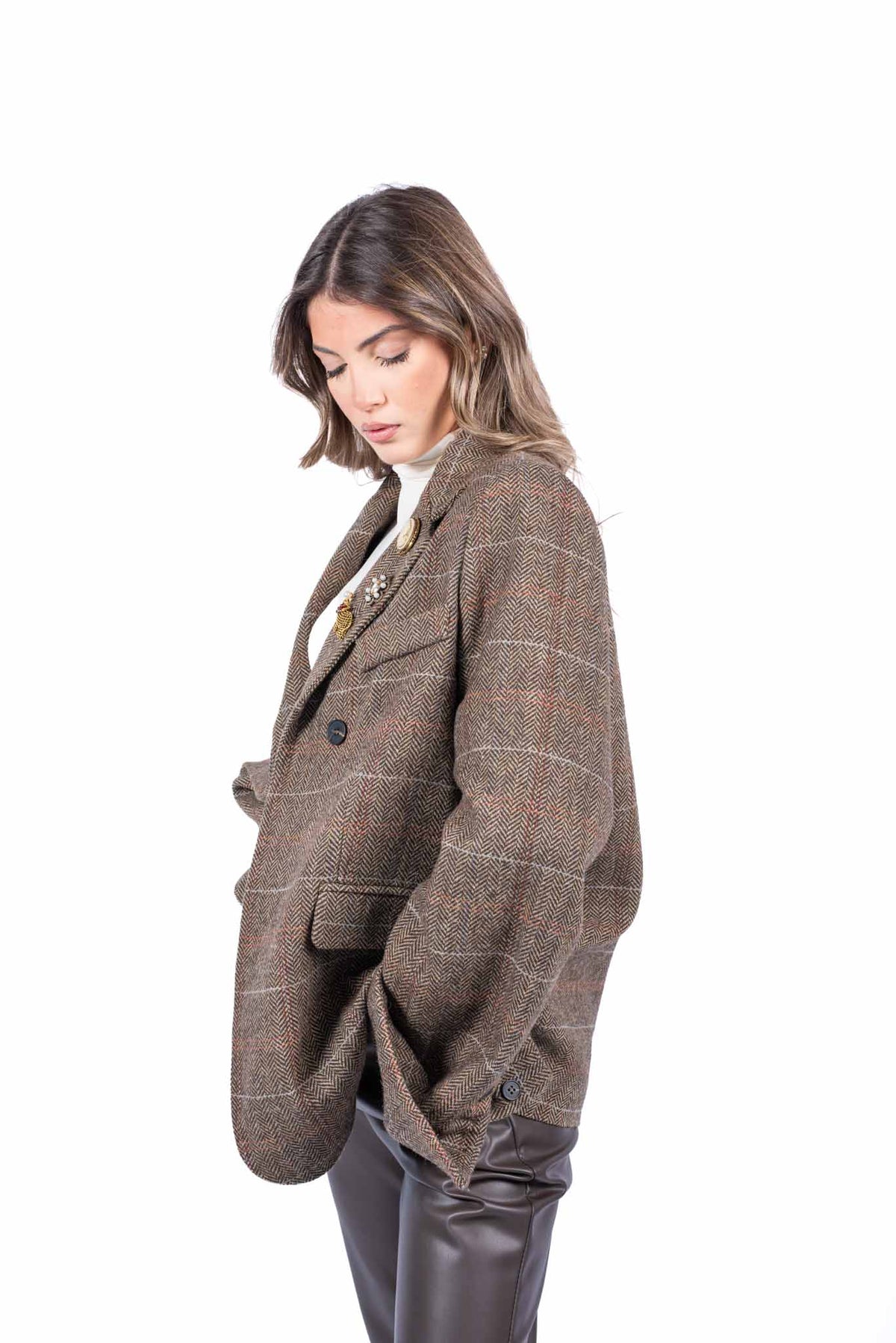 Blazer Oversize in Tweed Check Marrone con Applicazioni Jewel donna Tensione in - 5