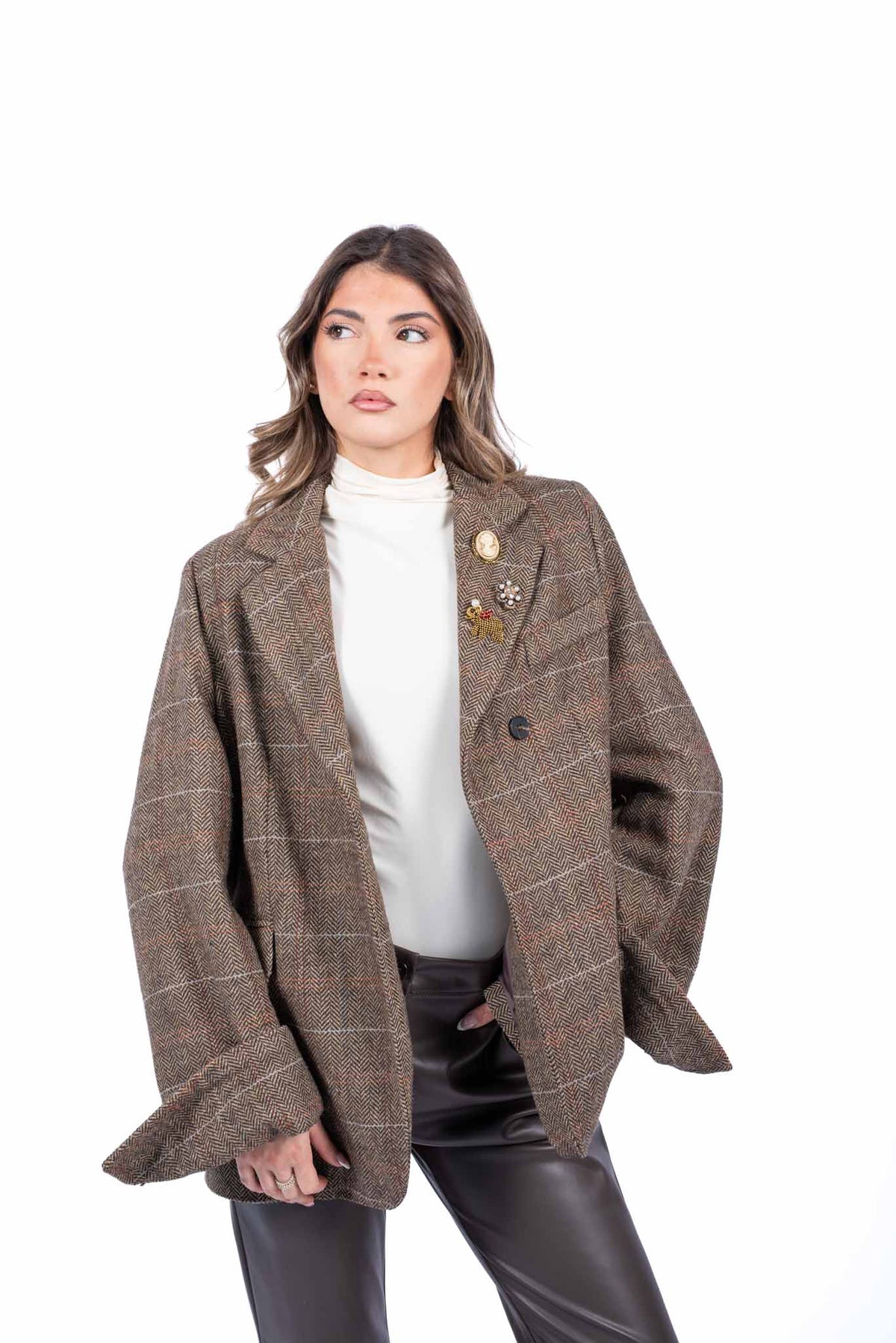 Blazer Oversize in Tweed Check Marrone con Applicazioni Jewel donna Tensione in - 1