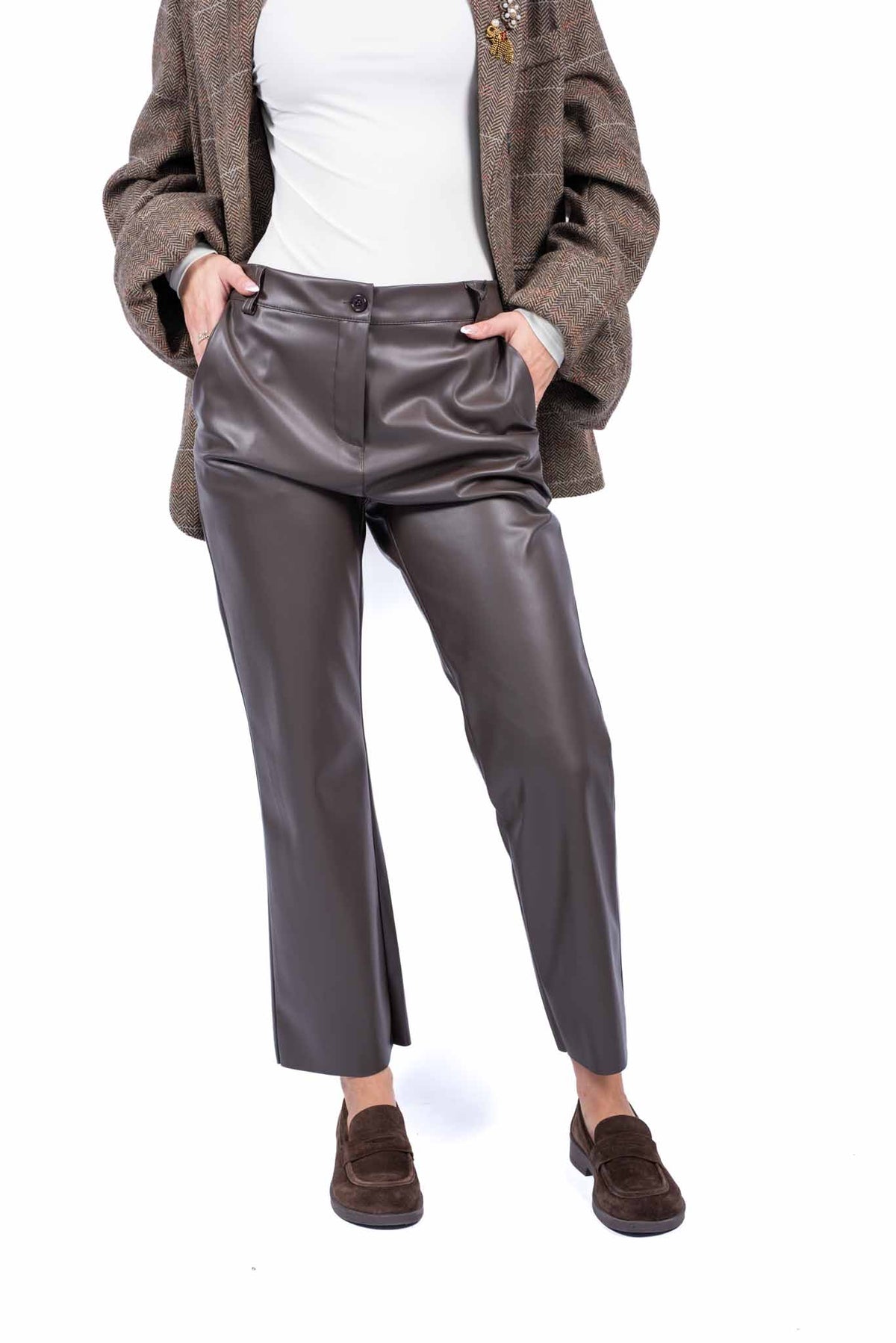 Pantaloni Straight Fit in Ecopelle Cioccolato donna Tensione in - 1
