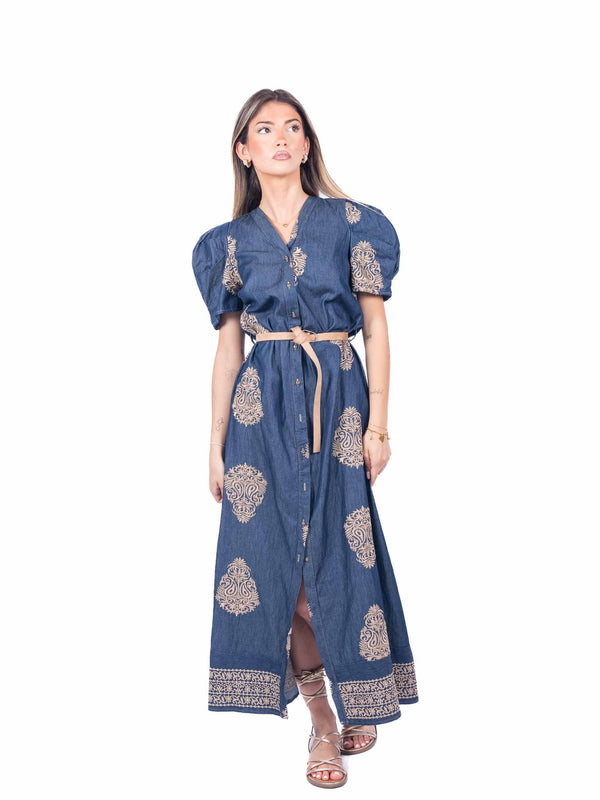 Abito Chemisier Effetto Denim con Ricami da donna Tensione in