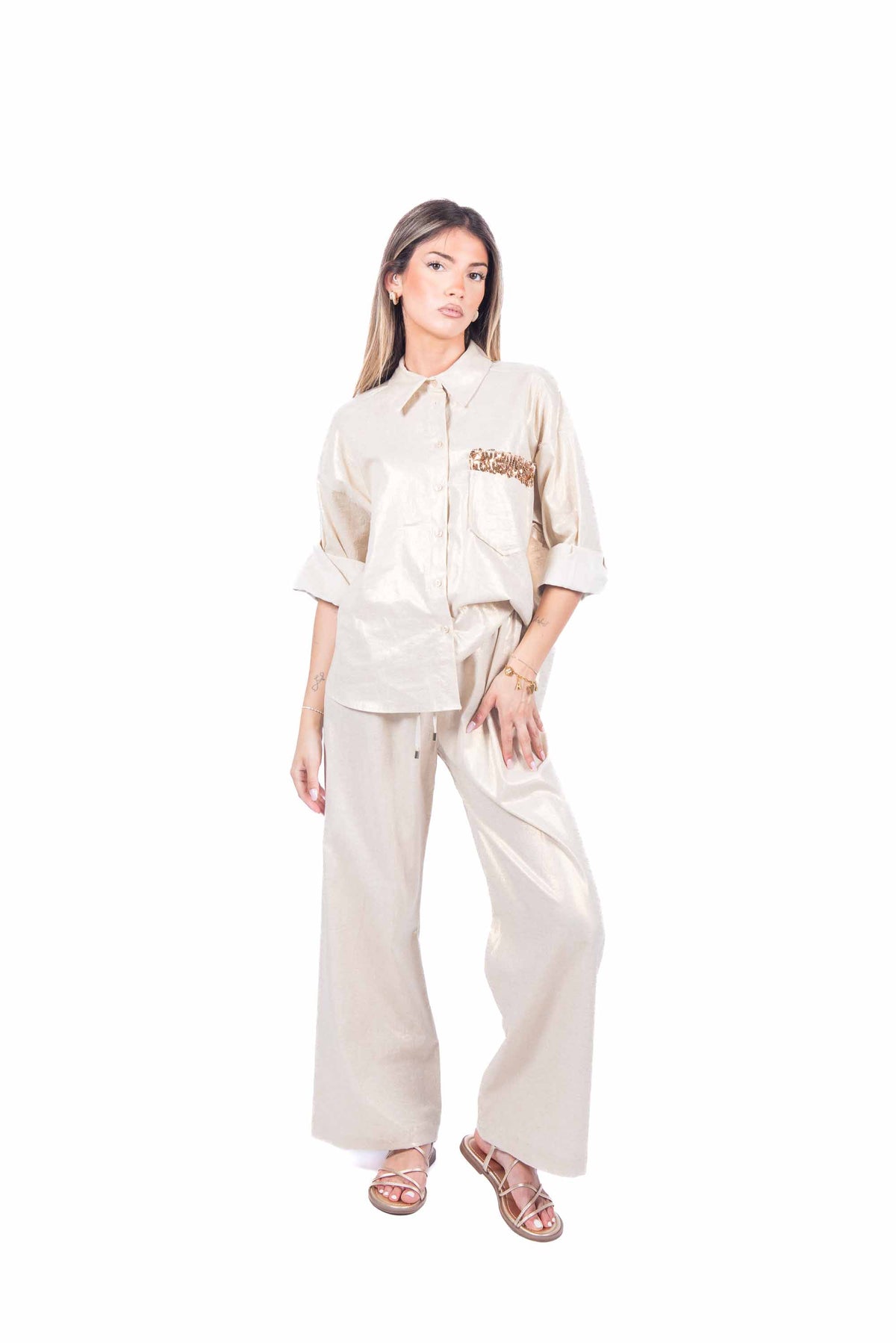 Camicia Beige Laminata con Paillettes donna Tensione in - 5