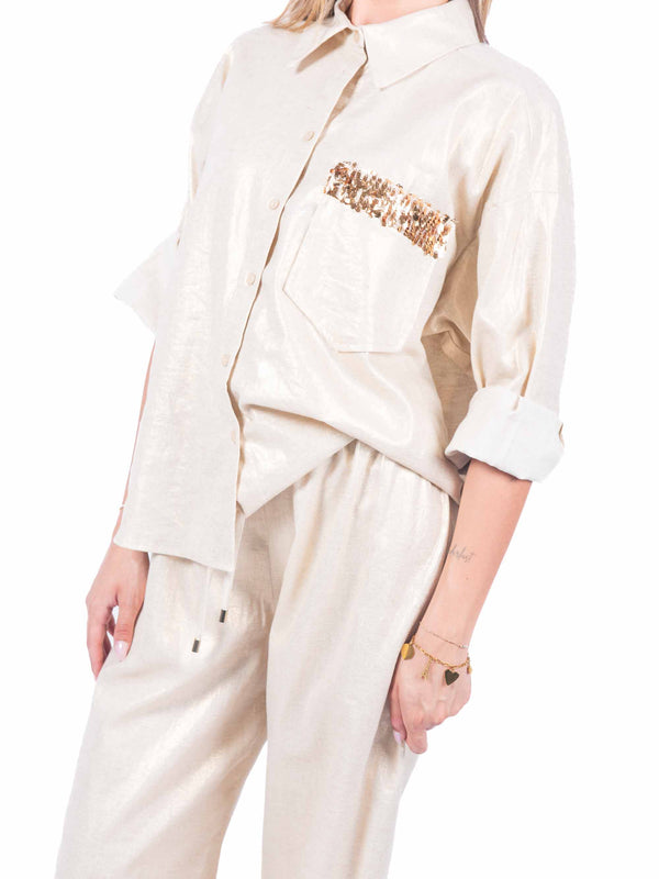 Camicia Beige Laminata con Paillettes da donna Tensione in