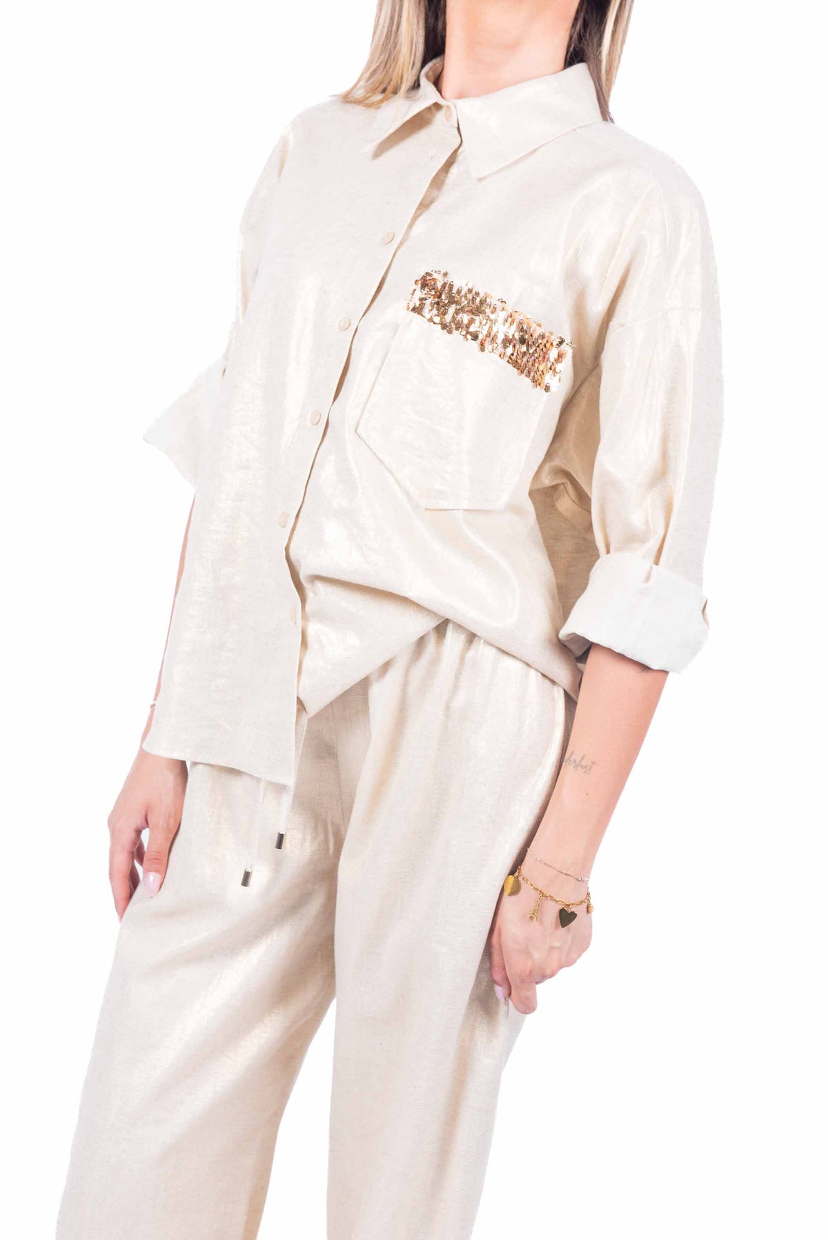 Camicia Beige Laminata con Paillettes donna Tensione in - 1
