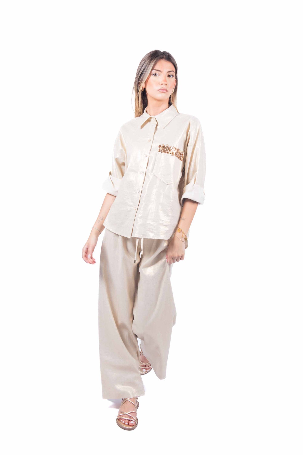 Camicia Beige Laminata con Paillettes donna Tensione in - 2