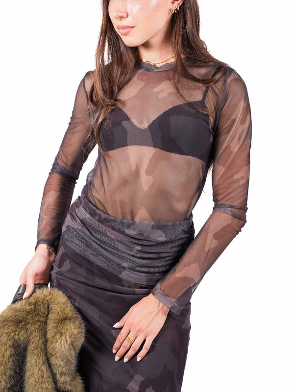 Body Mesh Camouflage Manica Lunga da donna Tensione in