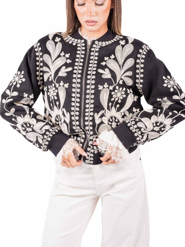 Bomber Nero con Ricami Floreali da donna Tensione in