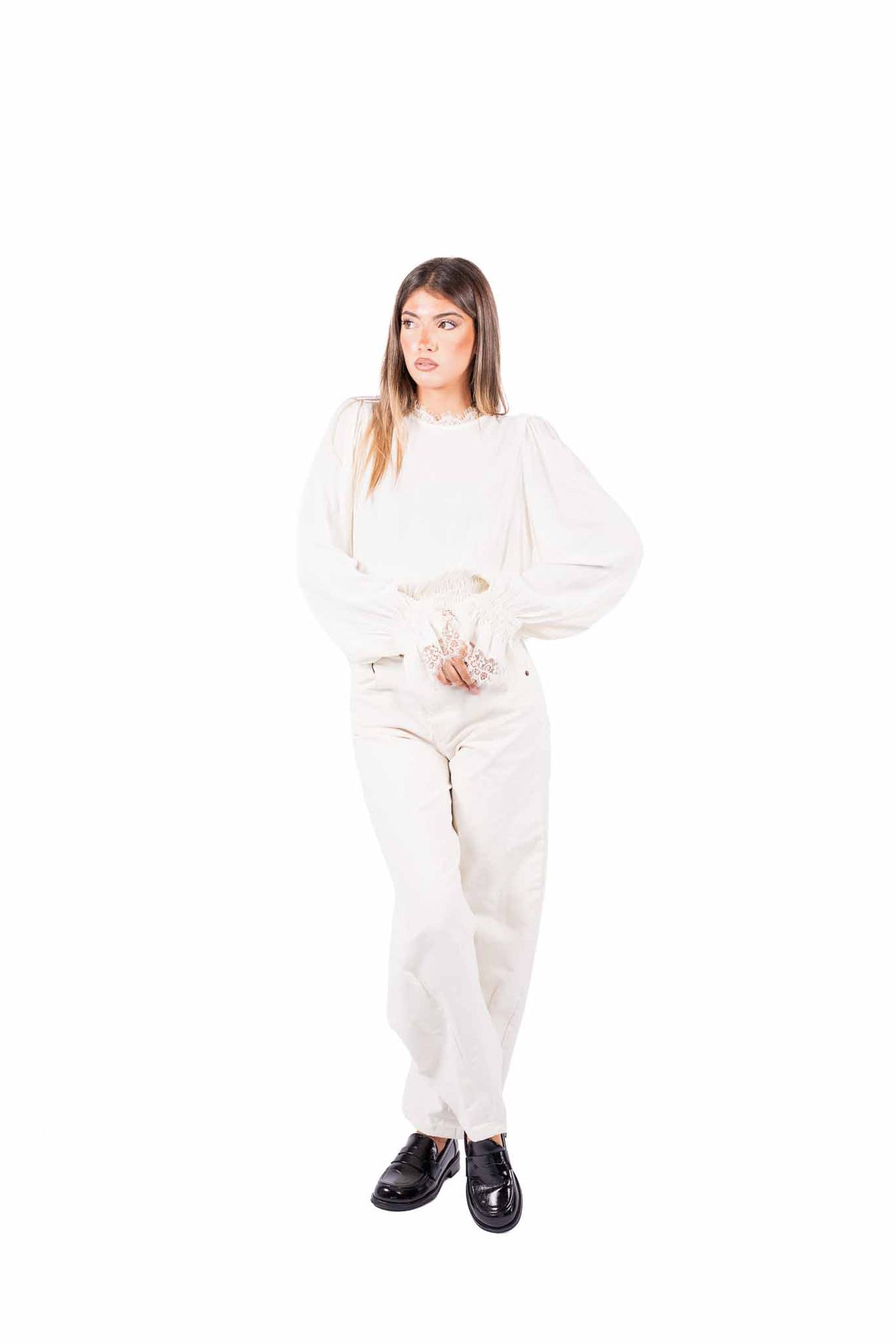 Blusa Panna con Pizzo e Vita Arricciata donna Tensione in - 4
