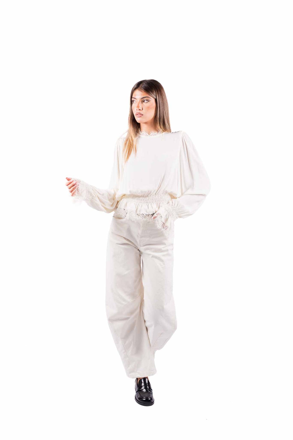 Blusa Panna con Pizzo e Vita Arricciata donna Tensione in - 3